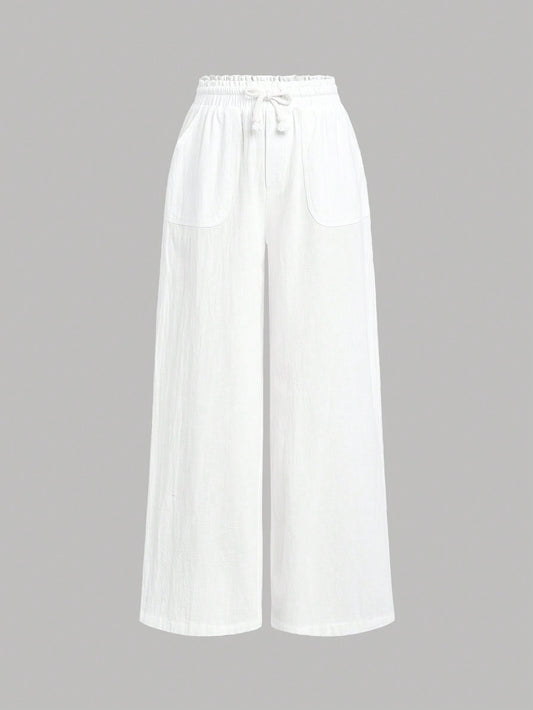 Tween Girl Loose And Retro Solid Color Simple Straight Leg High Waisted Pants With Pocket Decor