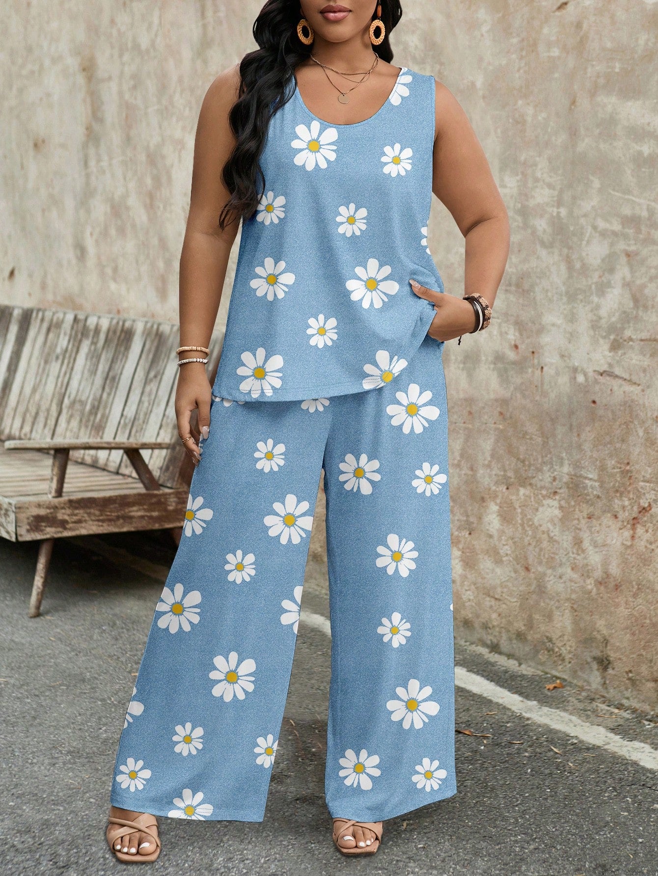 Plus Size Women Casual Polka Dot Printed Vest And Loose Pants Two Piece Set For Summer