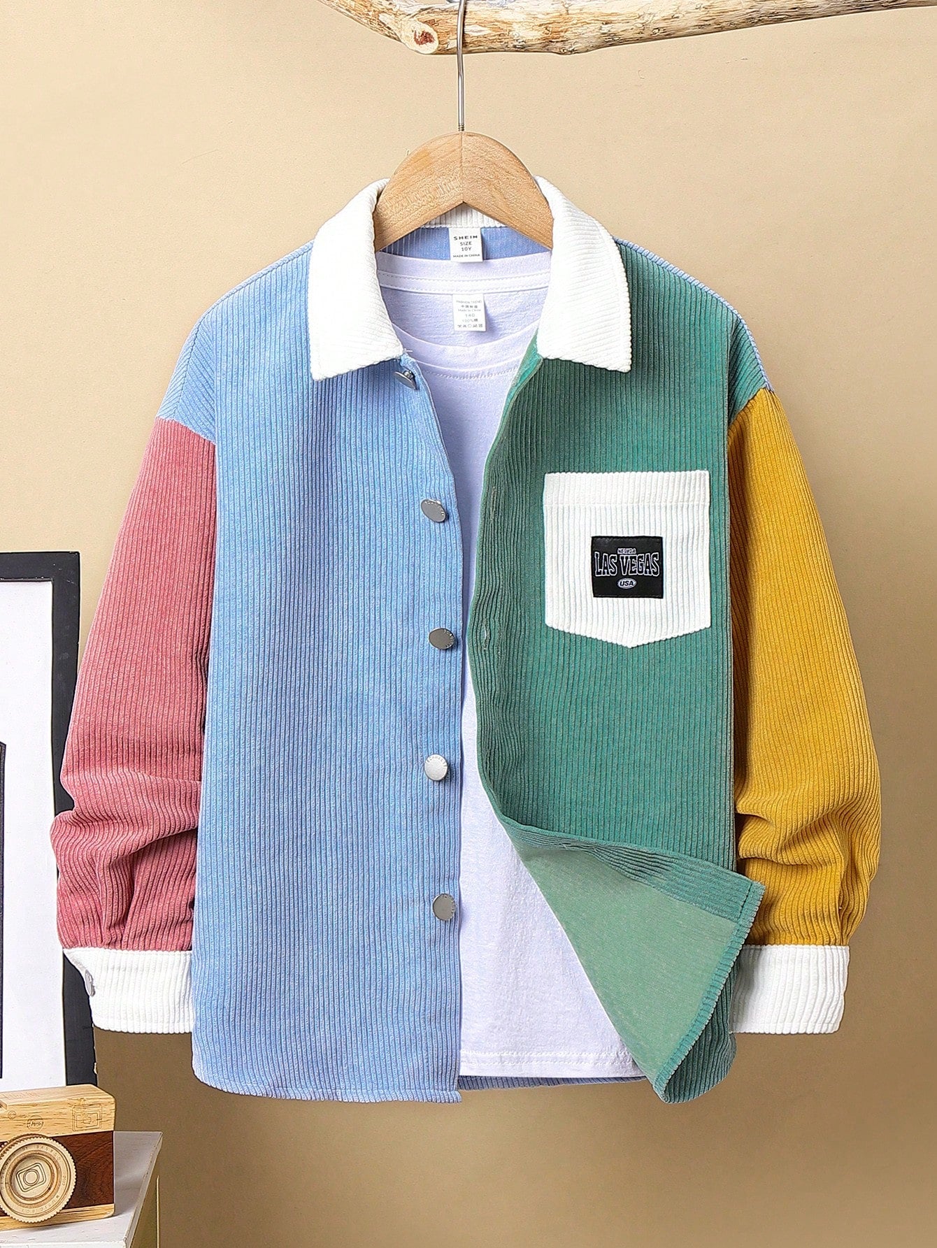 Color Blocked Casual Corduroy Jacket For Tween Boys