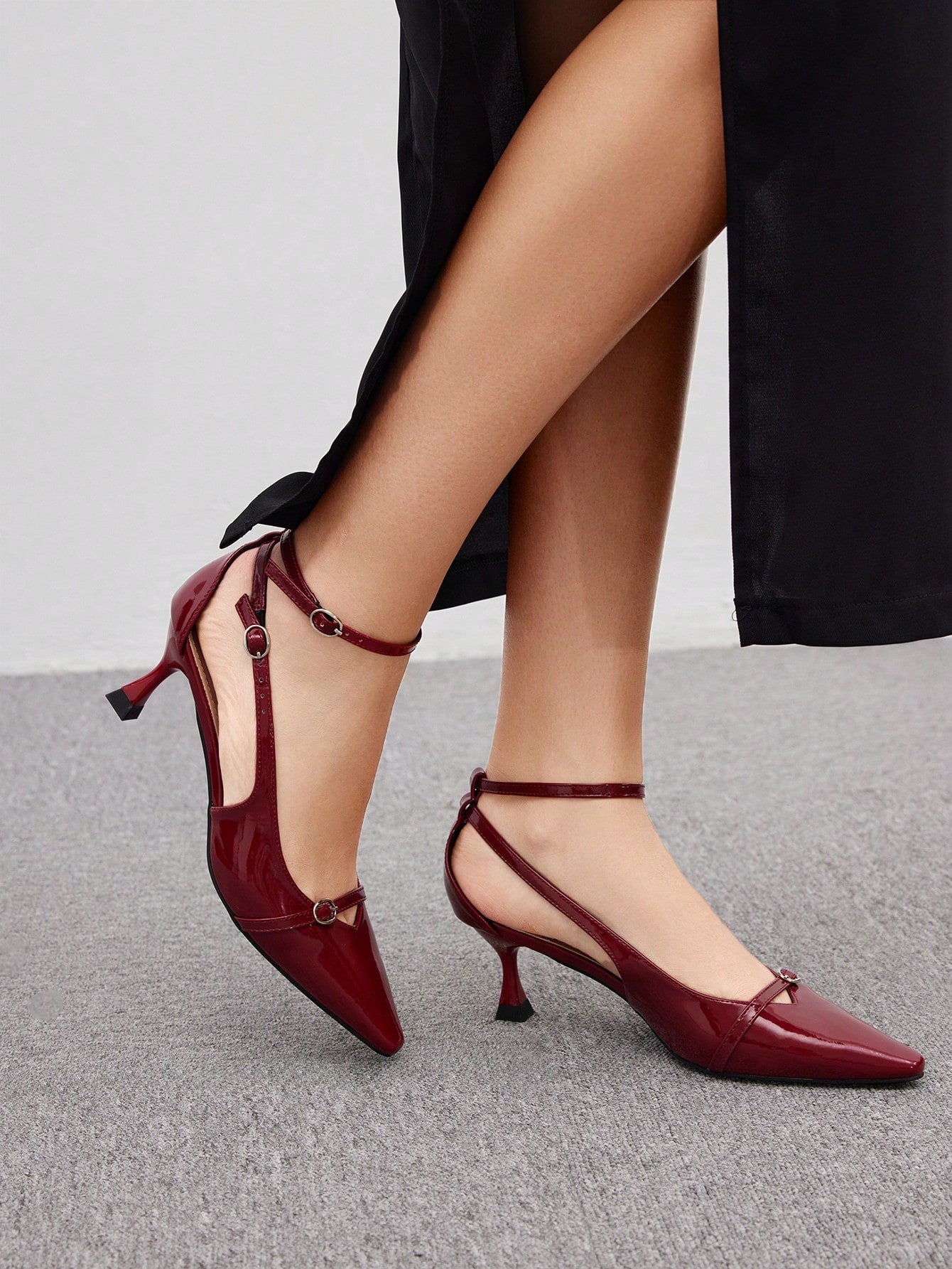 Women High Heel Wine Red Pointed Toe Hollow Out Ankle Strap Stiletto Sexy Pumps Elegant Business Casual Business Chic