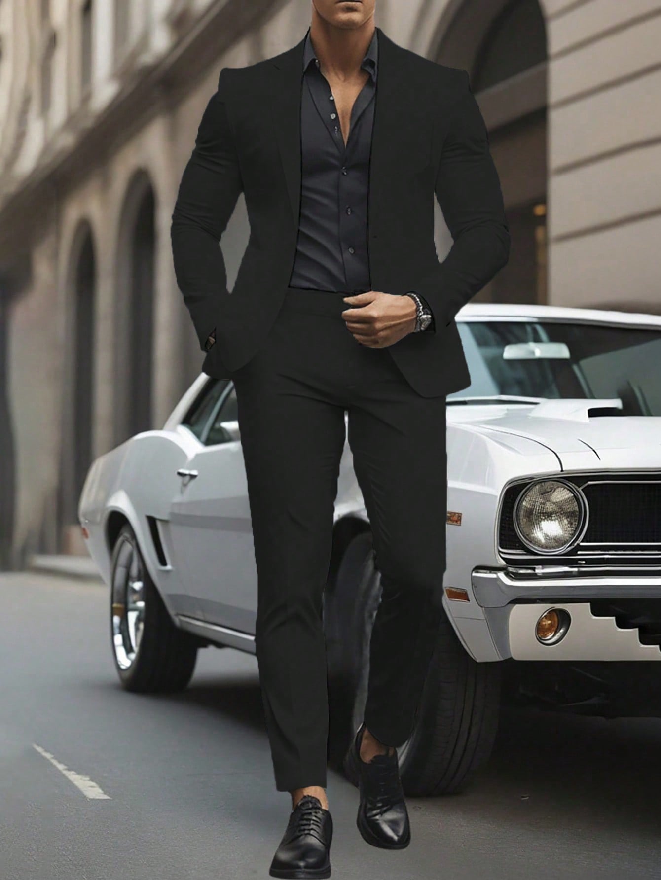 Men Solid Color Suit Jacket And Pants Set Suit