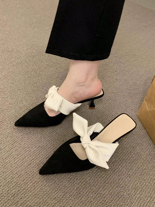 Women's Black French Bow-Knot Closed Toe High-Heeled Shoes