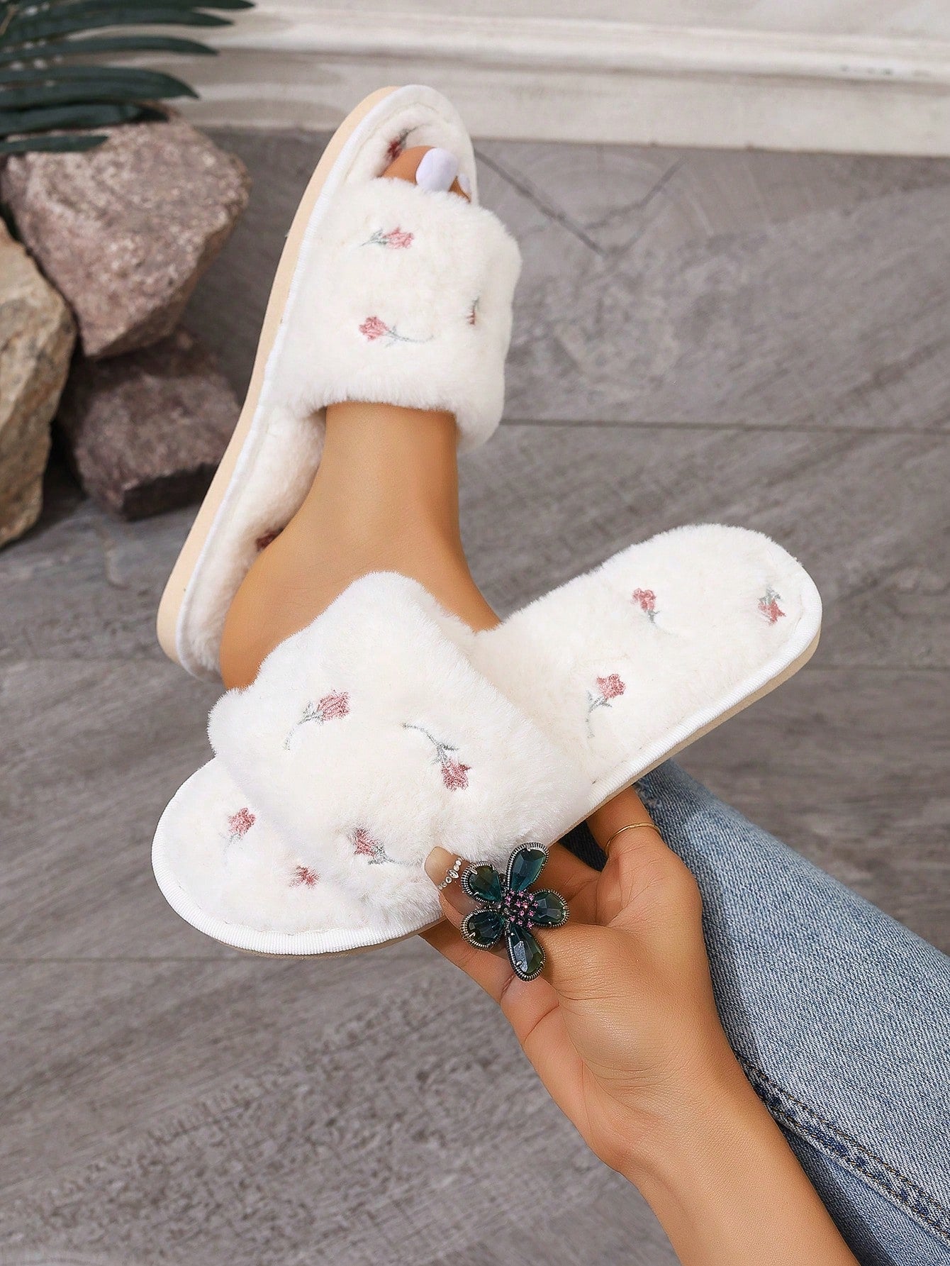 Women's Home Slippers Embroidery Bowknot Linen Slides, Spring Summer Autumn Indoor Open Toe Flat Slippers