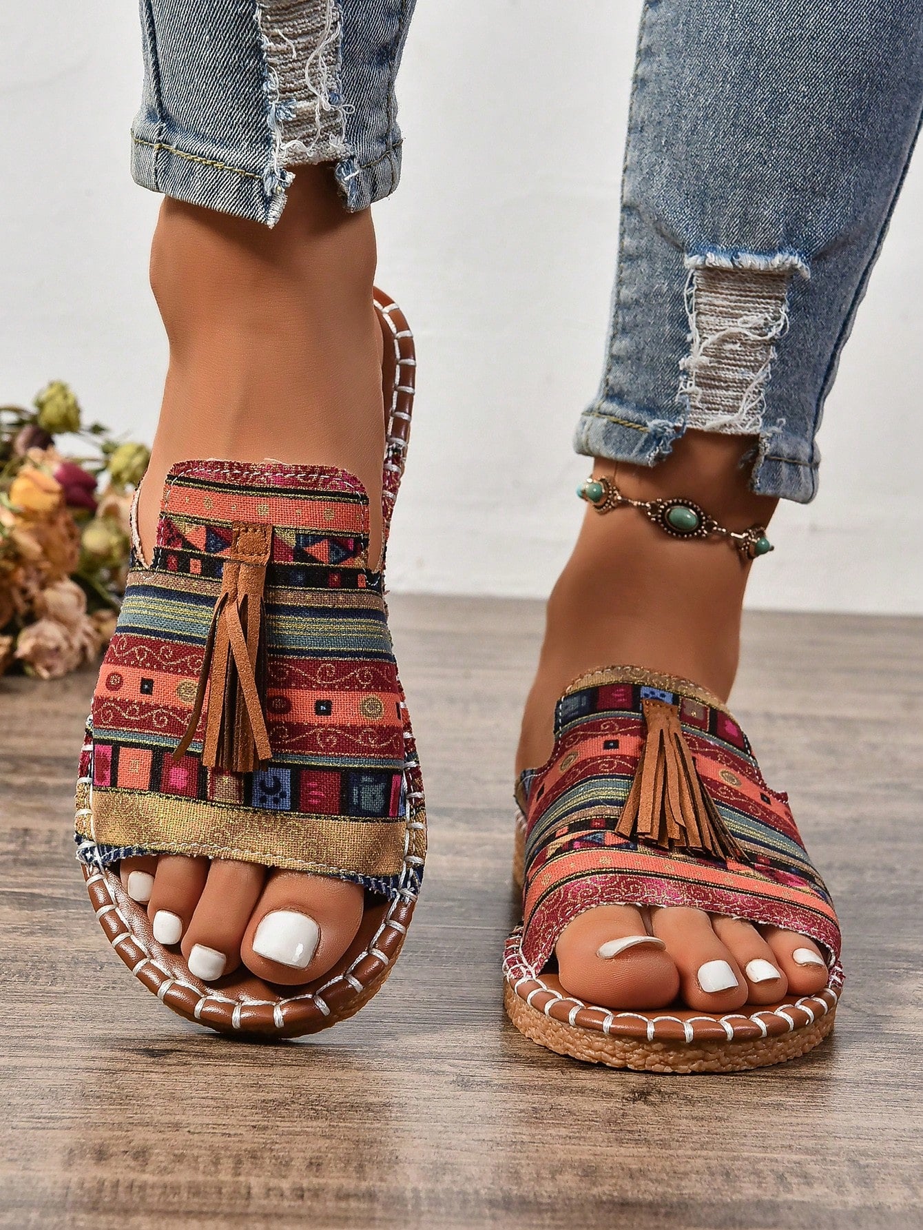 Women's Fringe Decor  Flat Sandals, Beach Water-Resistant Slides, Fashionable Slip-Resistant Outdoor Shoes