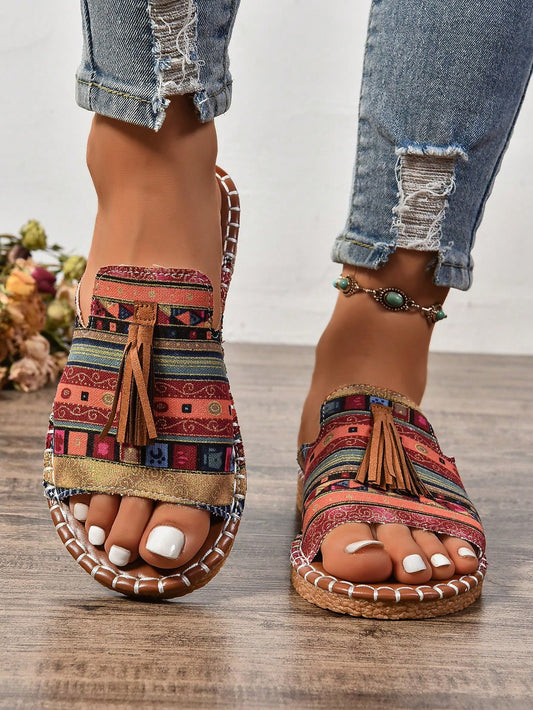 Ladies' Fringe Decor Ethnic Style Flat Sandals, Waterproof Beach Slippers, Slip-Resistant Outdoor Fashionable Match-All Shoes