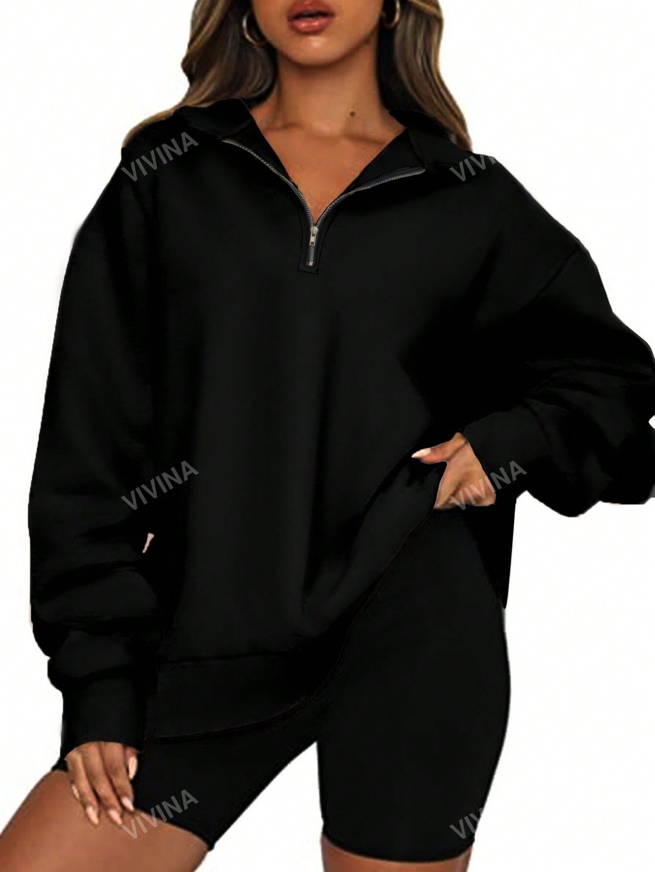 Plus Size Collared Zipper Casual Long Sleeve Pullover Sweatshirt