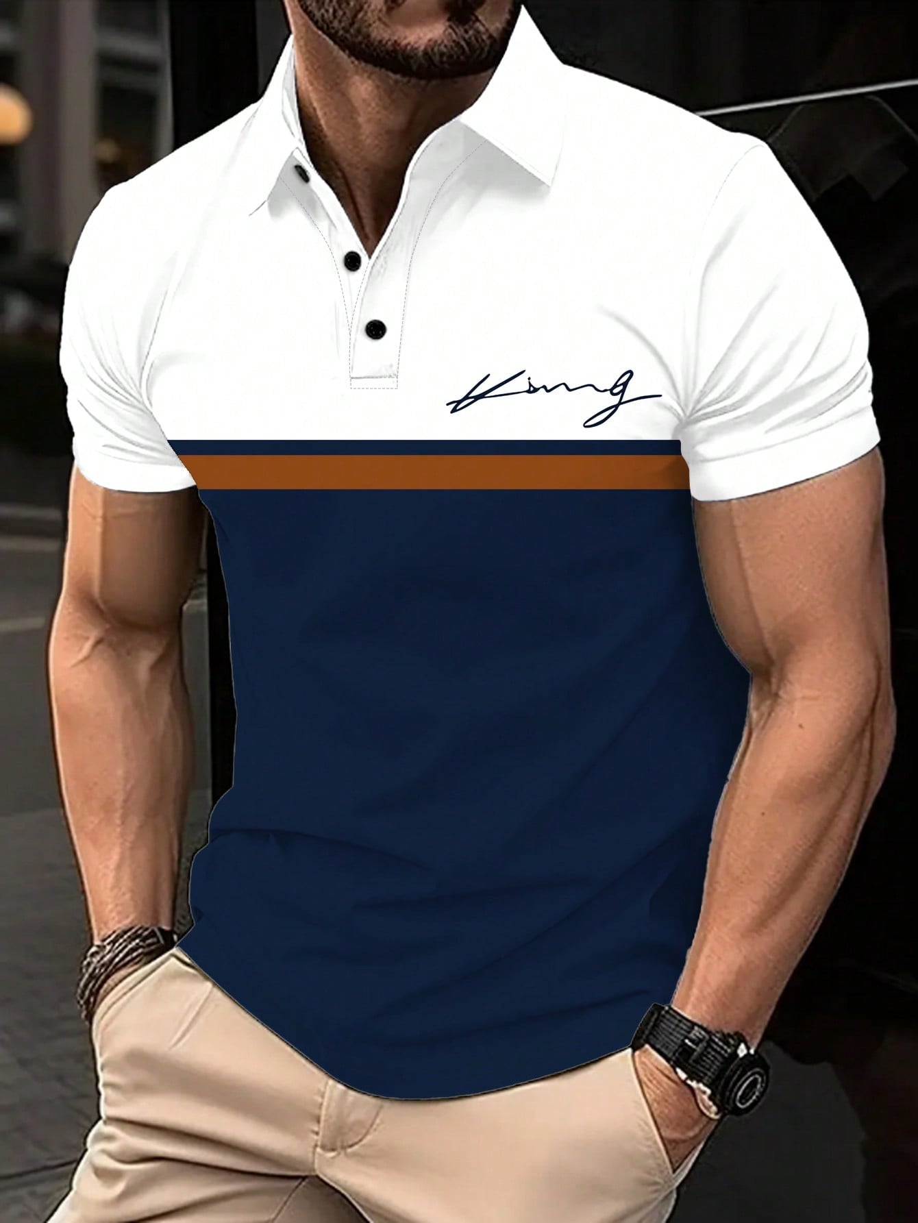 Men Summer Casual Color Block Geometric Printed Short Sleeve Polo Shirt