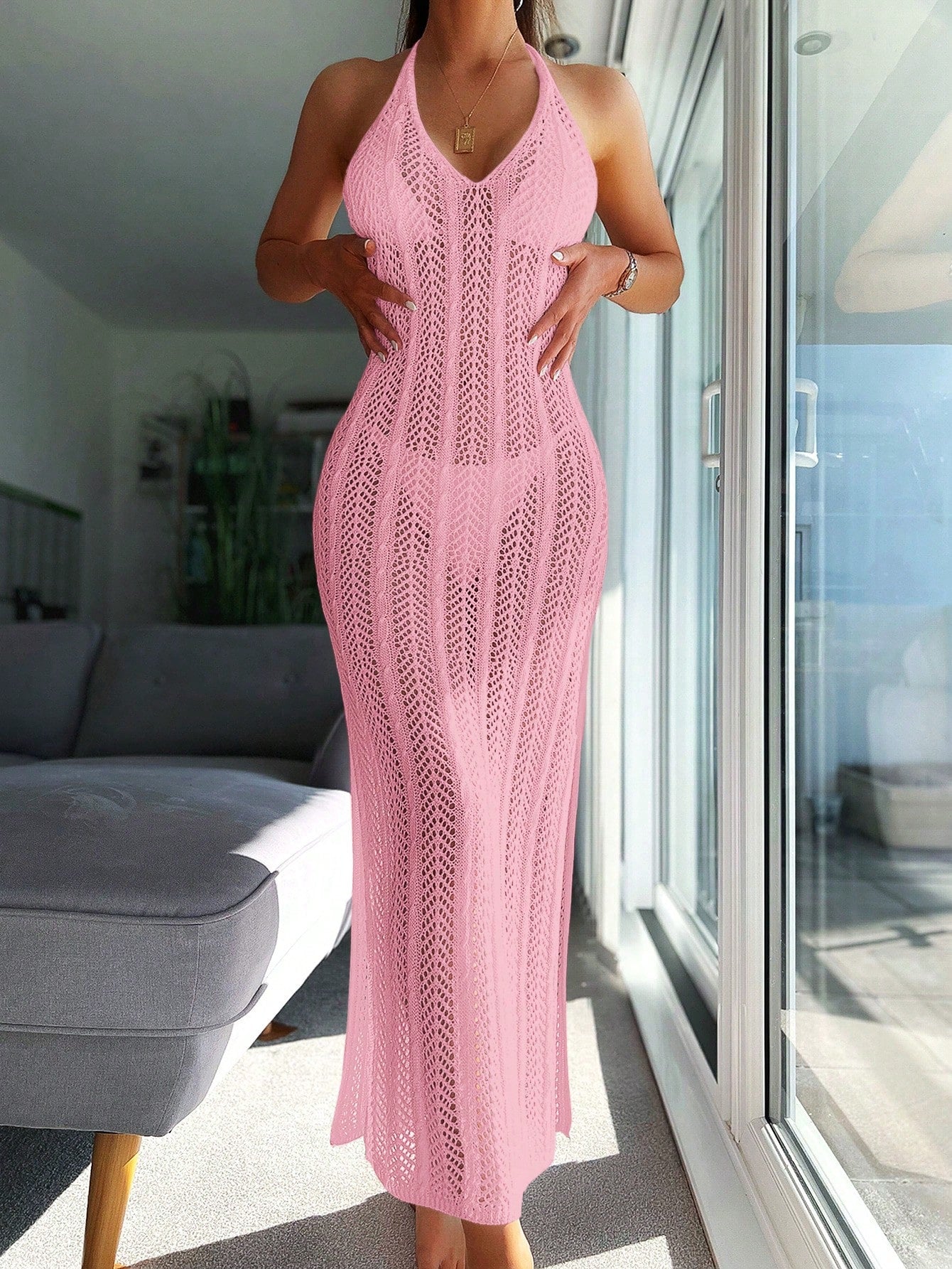 Swim Summer Beach Solid Color Hollow Out Knitted Halter Neck Sleeveless Cover Up Dress With Tassel Tie