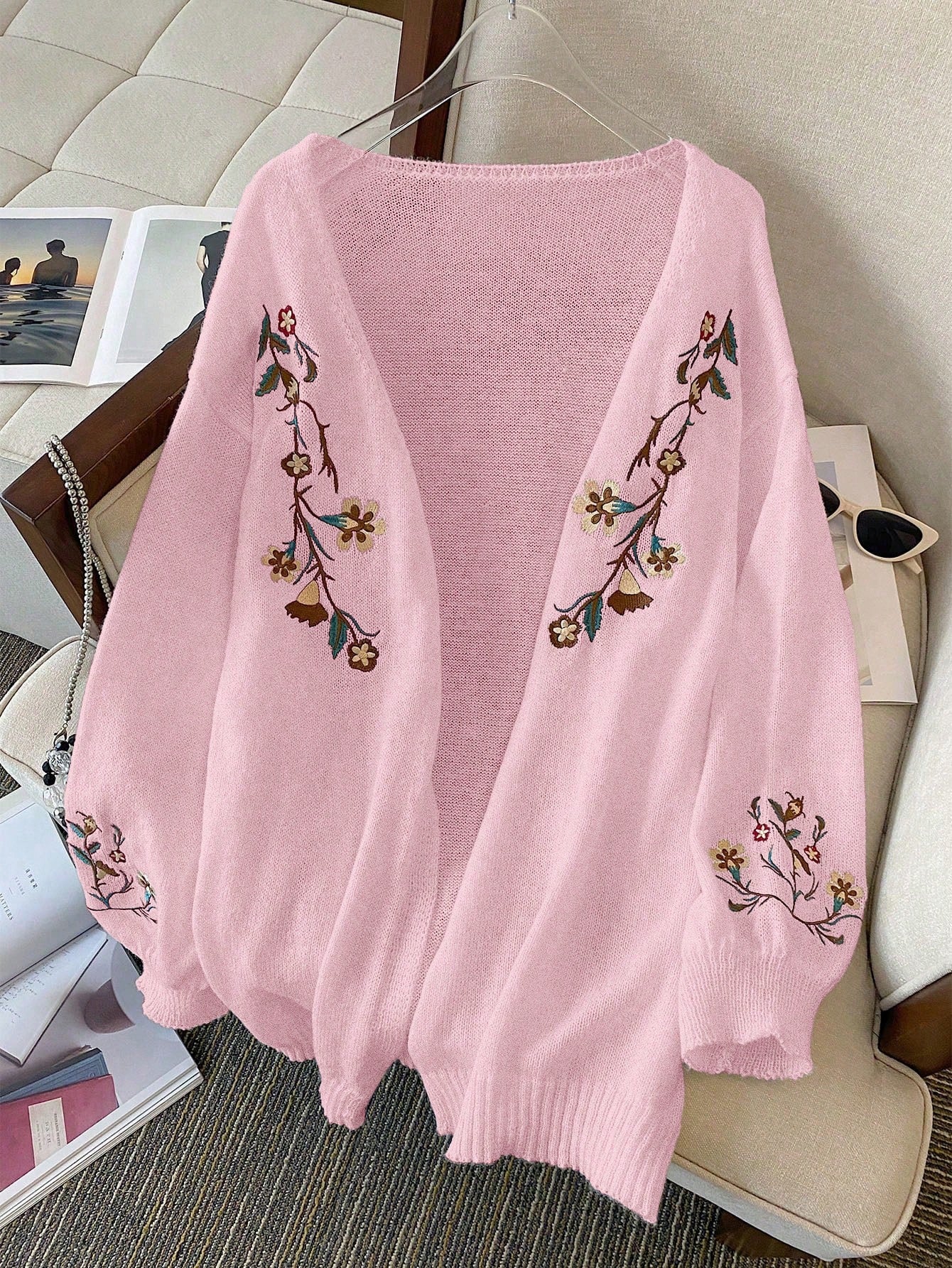 Plus Size Women's Floral Embroidery Drop Shoulder Long Sleeve Cardigan