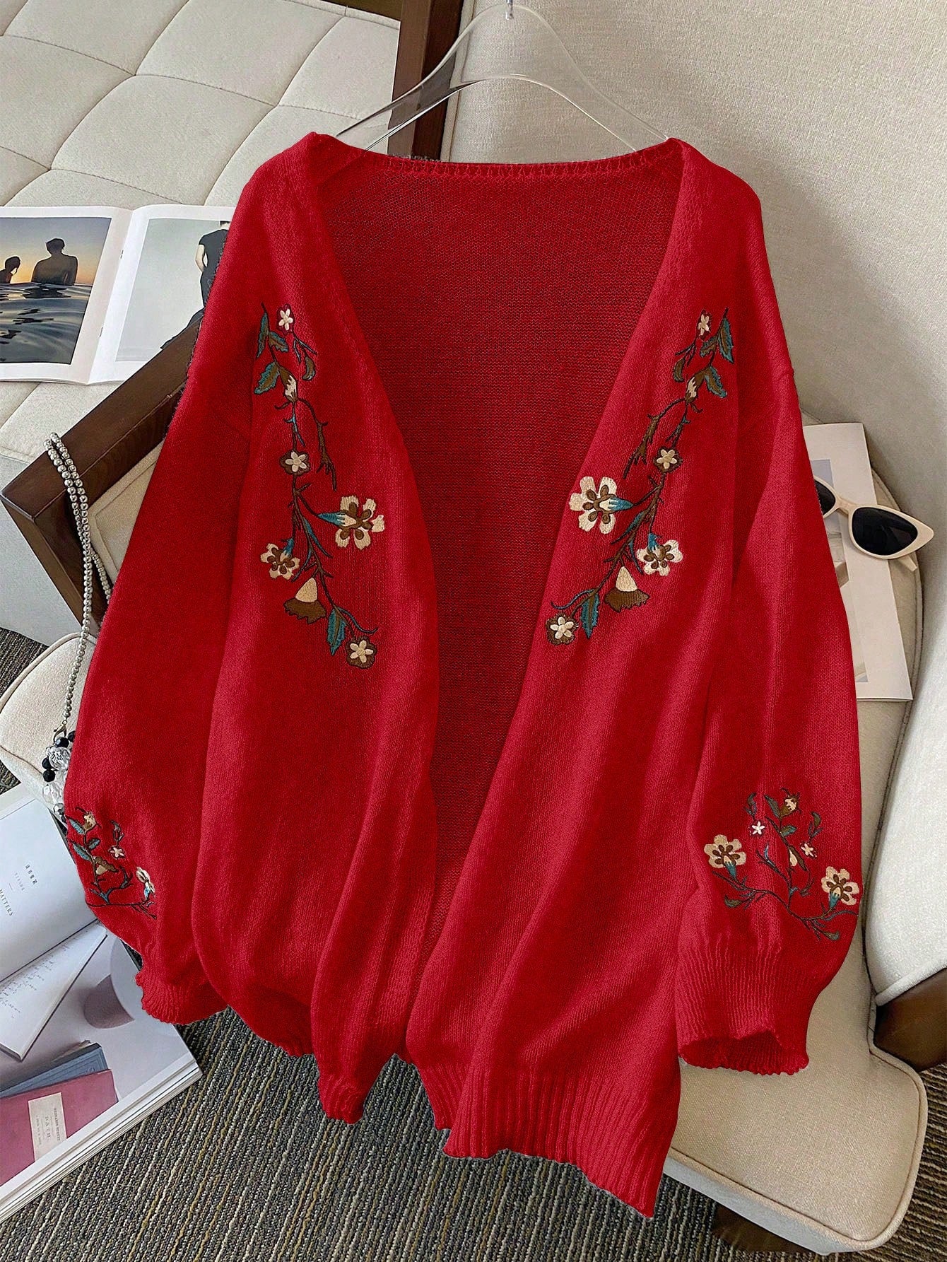 Plus Size Women's Floral Embroidery Drop Shoulder Long Sleeve Cardigan