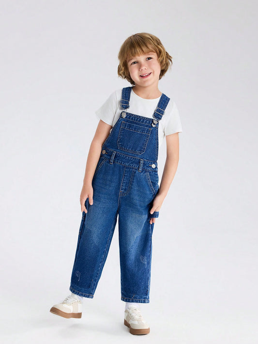 YOUNG BOY Street Style Ripped Overalls With Color Blocking Details, Adjustable Loose Tapered Fit