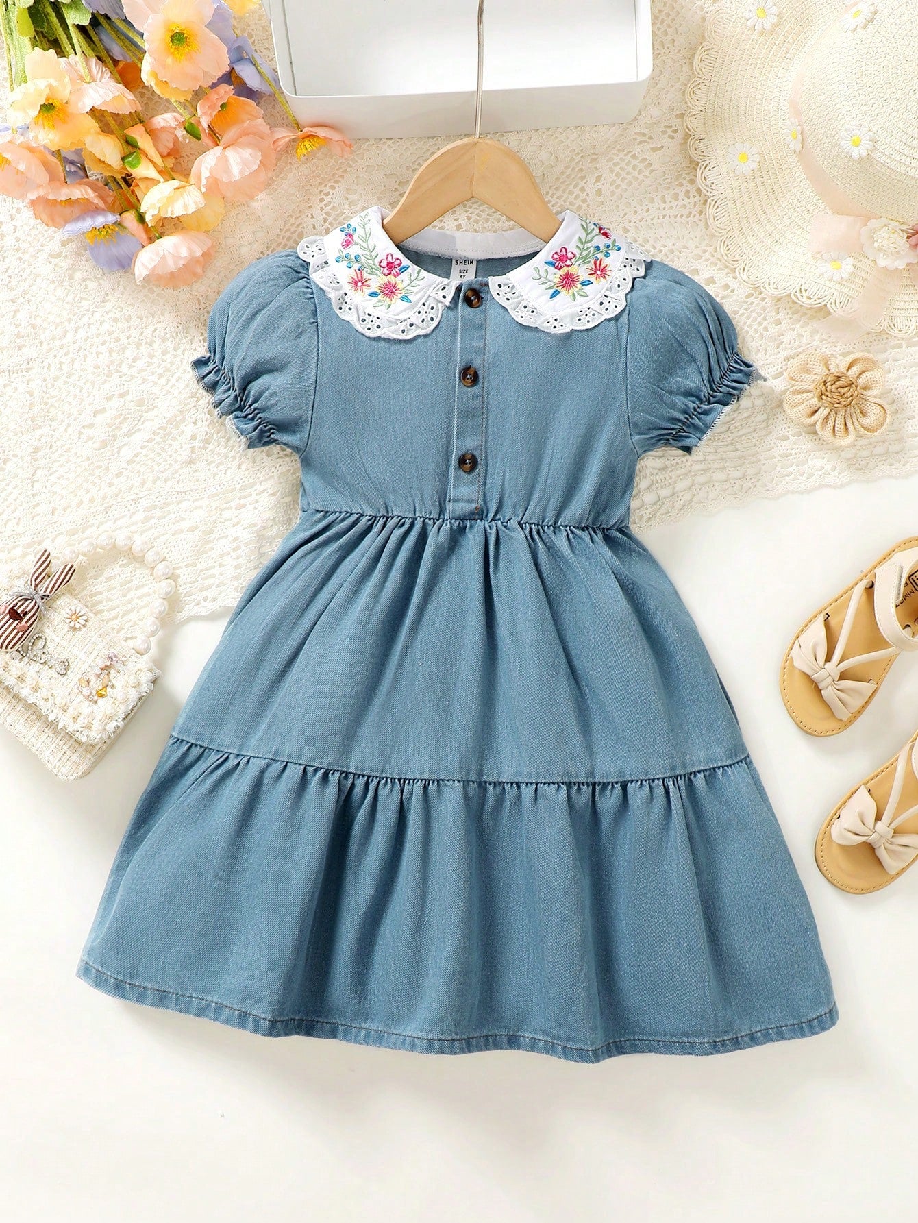 Girls' Floral Vacation Peter Pan Collar Puff Sleeve Denim Dress