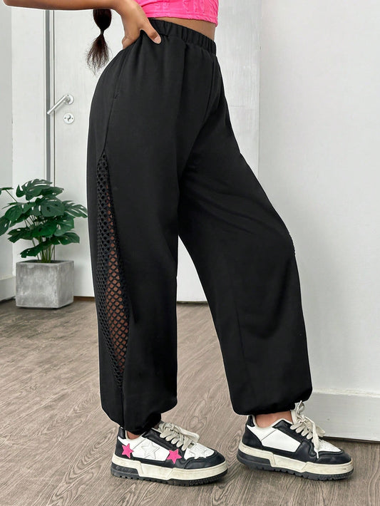 Tween Girl's Street-Style Sporty Mesh Patchwork Jogger Pants For Spring/Summer