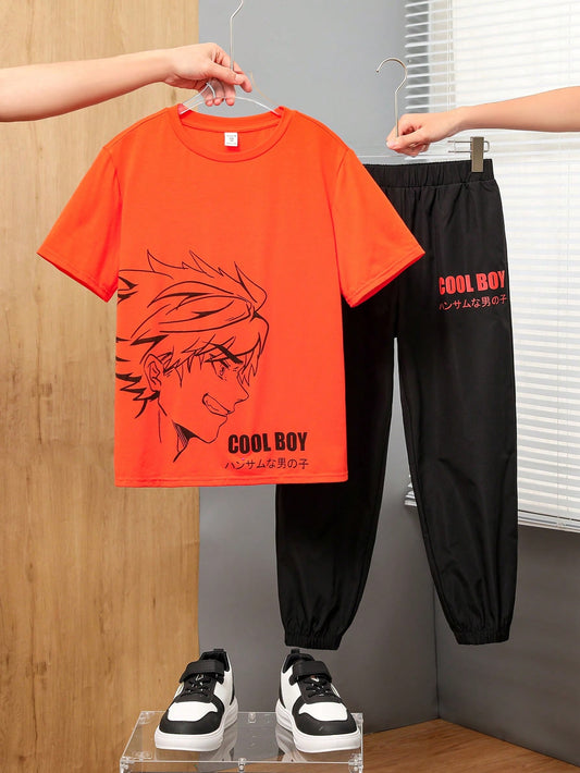 Tween Boys' Extended Size Casual Anime Character Print Round Neck Short Sleeve T-Shirt & Wide-Leg Knit Sweatpants Two Piece Set