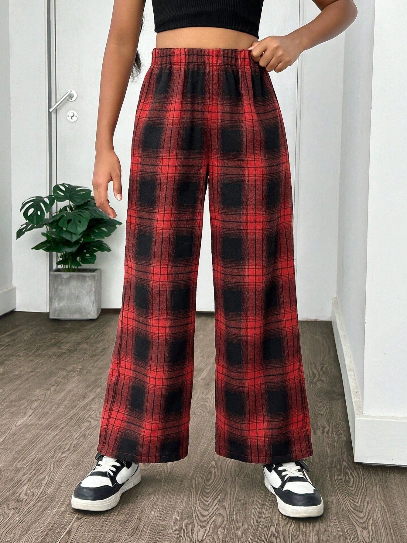 Tween Girls' Sporty Streetwear School Outfit, Spring/Summer, Woven Red Plaid Straight Leg Pants