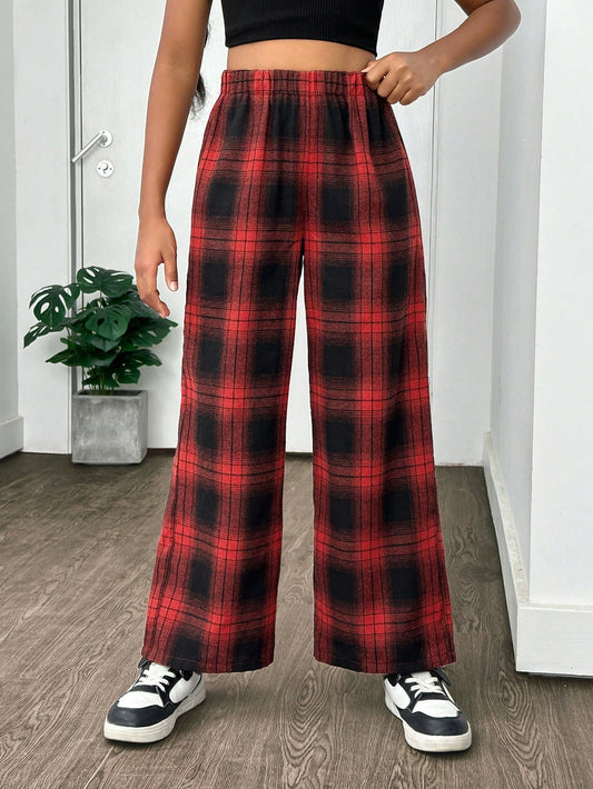 Tween Girls' Sporty Streetwear School Outfit, Spring/Summer, Woven Red Plaid Straight Leg Pants