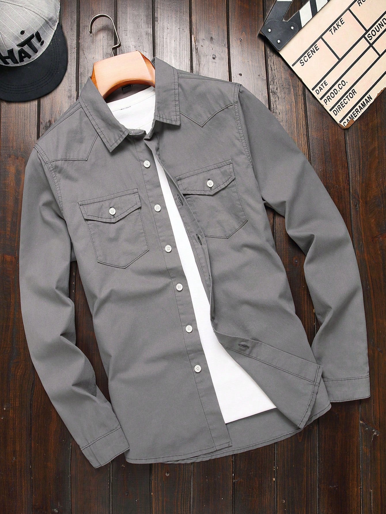 Men's Solid Color Flap Pocket Denim Shirt