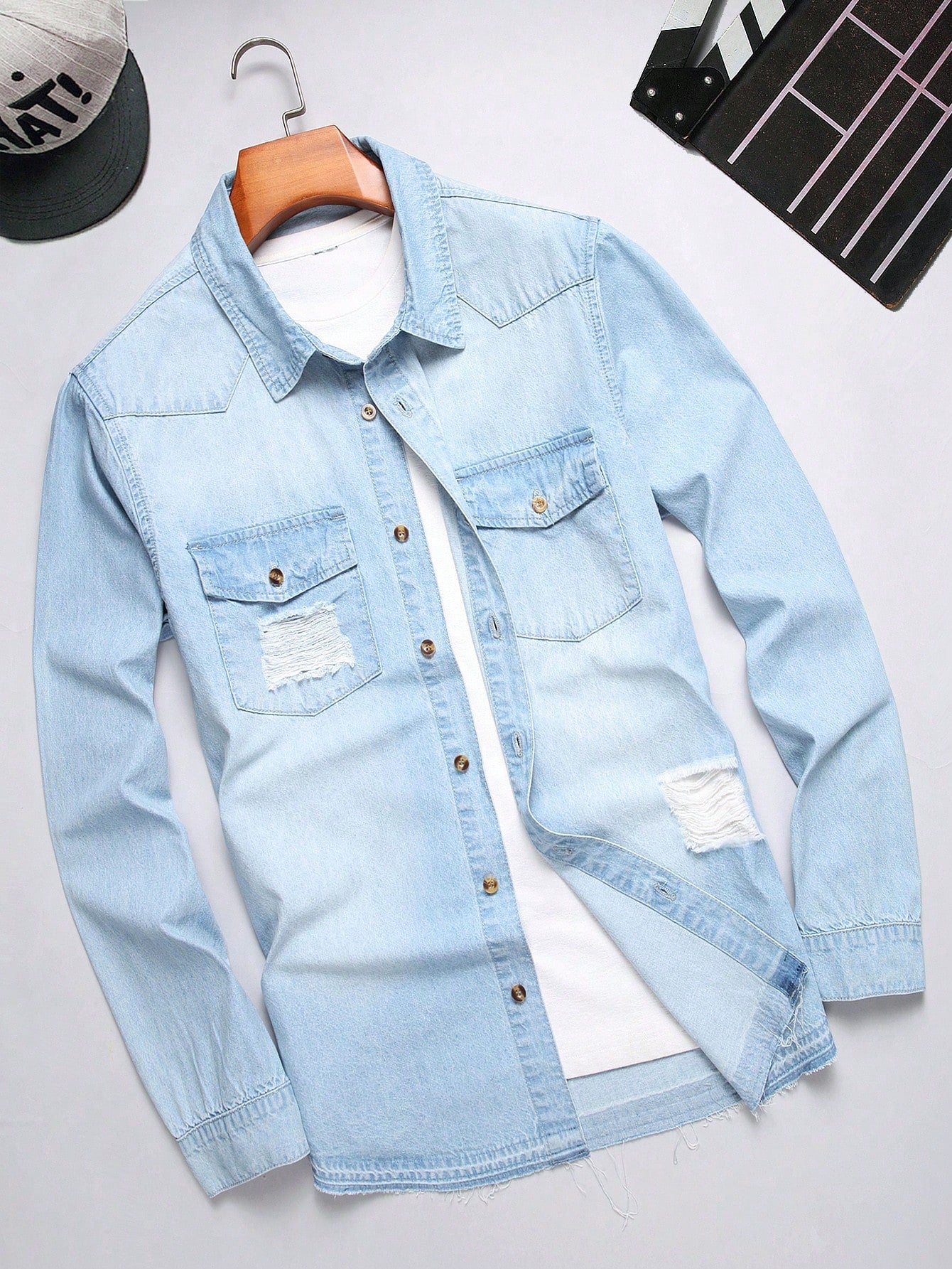 Men's Casual Long Sleeve Denim Shirt With Single-Breasted Button And Distressed Holes