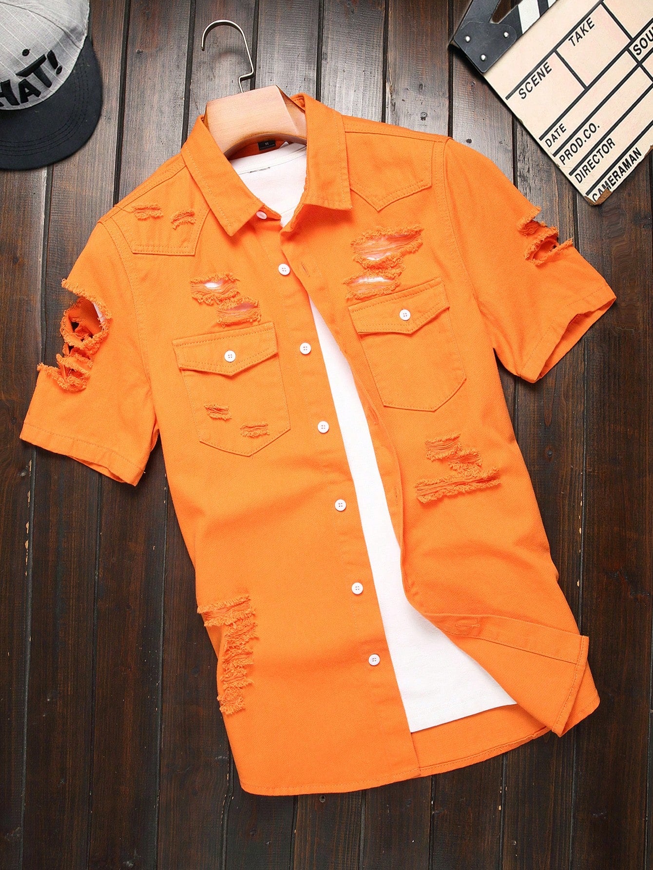 Men's Short Sleeve Ripped Denim Shirt