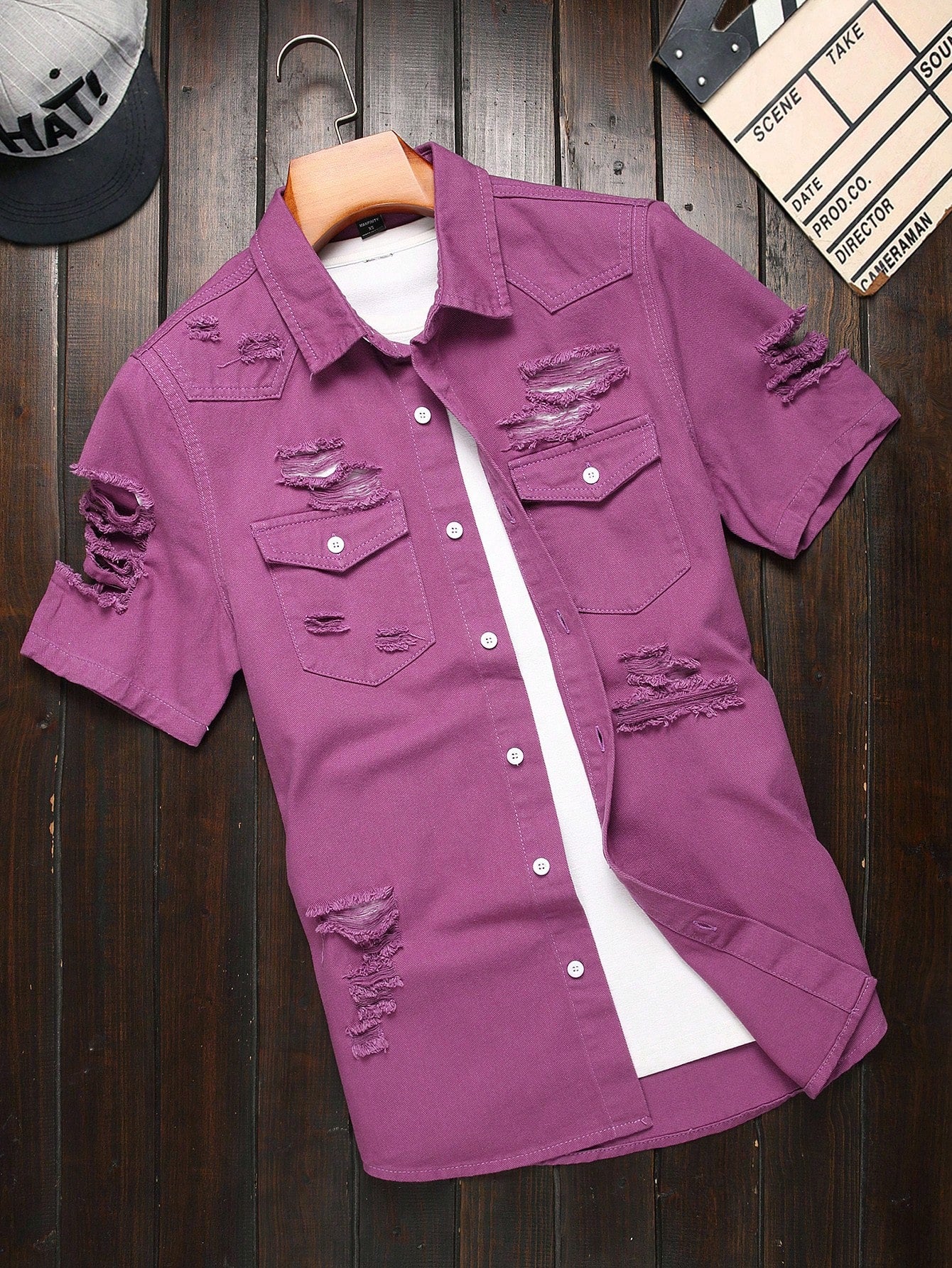 Men's Solid Color Button Front Short Sleeve Denim Shirt With Pockets And Distressed Detailing