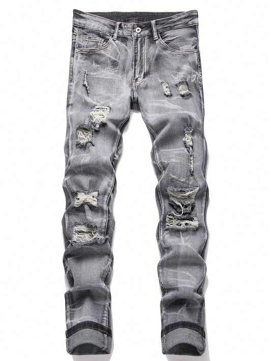 Men's Slim-Fit Denim Pants With Pockets And Distressed Design For Daily And Travel