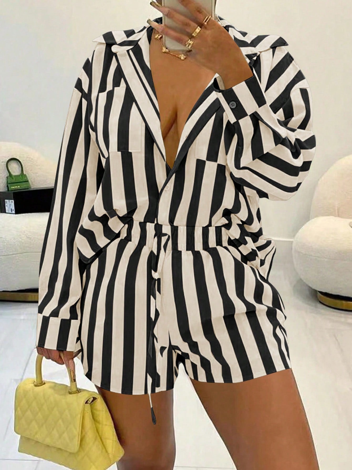 Women's Striped Loose Fit Drop Shoulder Long Sleeve Shirt And Shorts Casual Two Piece Set For Spring & Summer