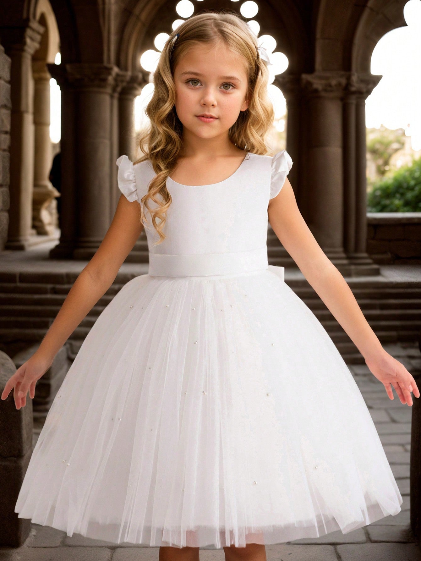 Young Girl Mesh Tulle Princess Dress With Flutter Sleeves, Suitable For Birthday Party, Dance Party, Instrumental Concert, Stage Performance, Ball Gown