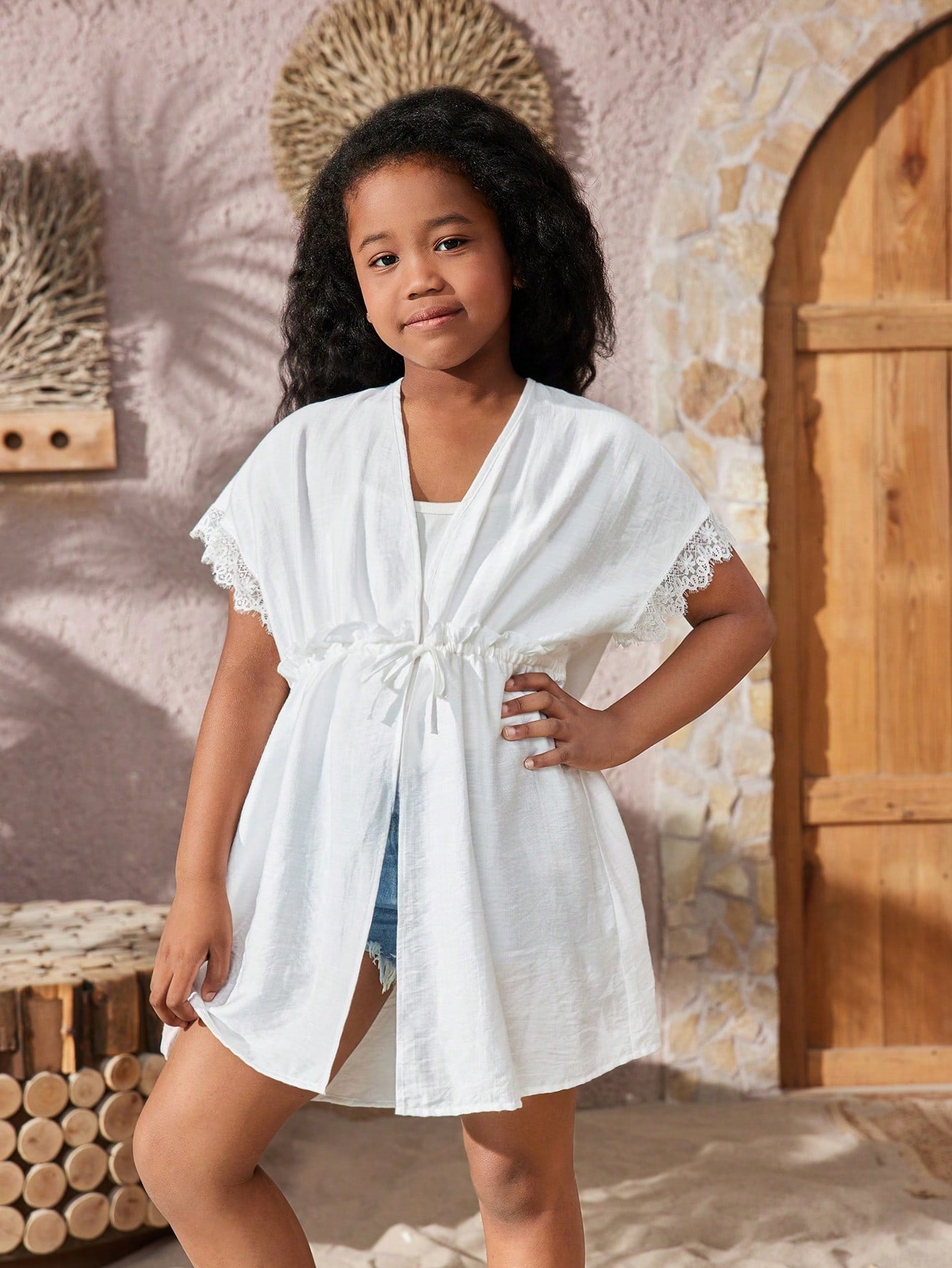 Tween Girl Casual Spring/Summer Woven Solid Short-Sleeved Cardigan