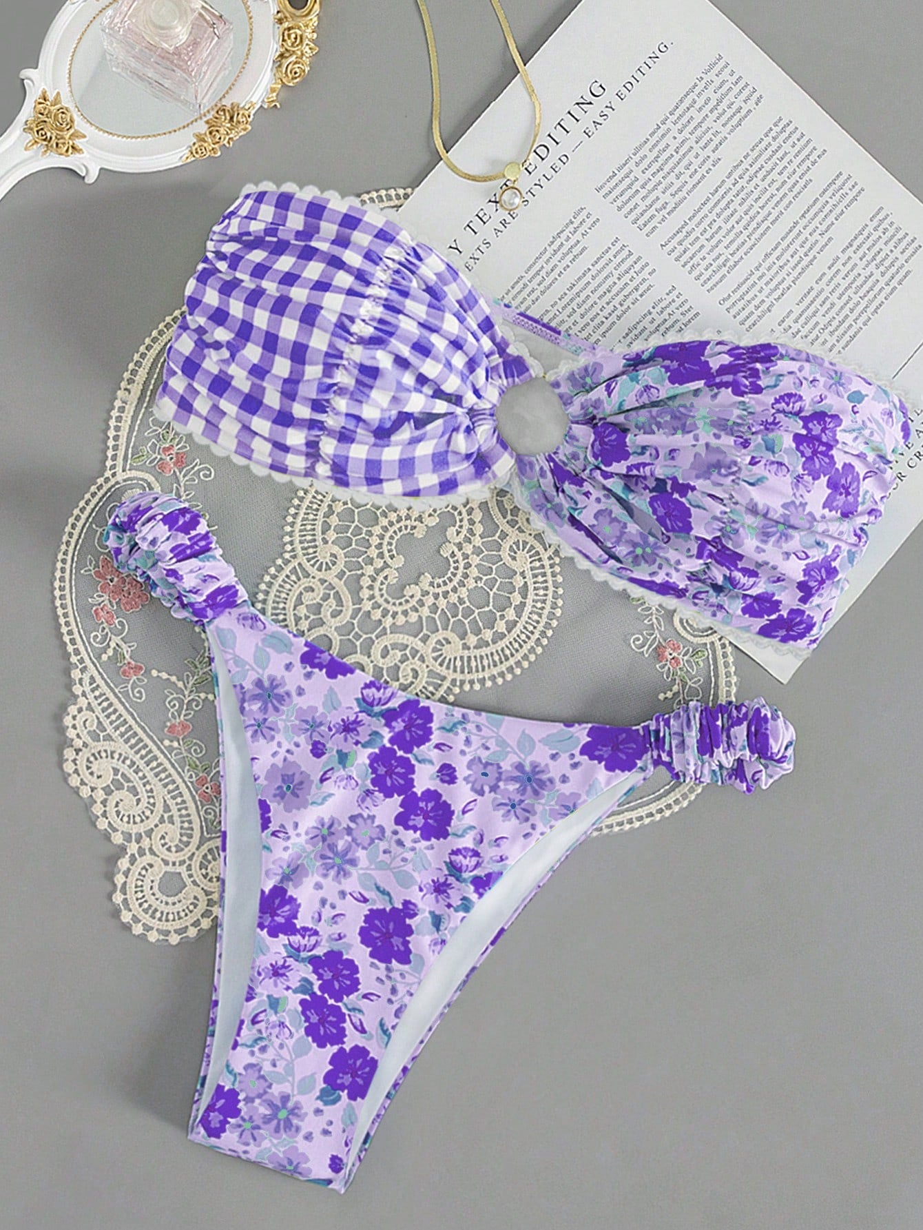 Swim Mod Summer Beach Floral Print Bandeau Bikini Set