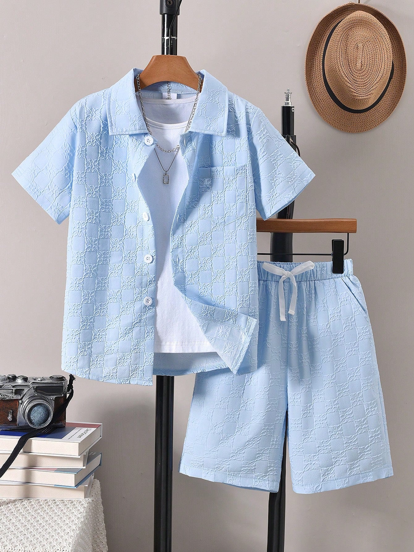 Tween Boy 3D Embossed Fabric Short Sleeve Shirt And Shorts Set , Casual & Vacation Outfits