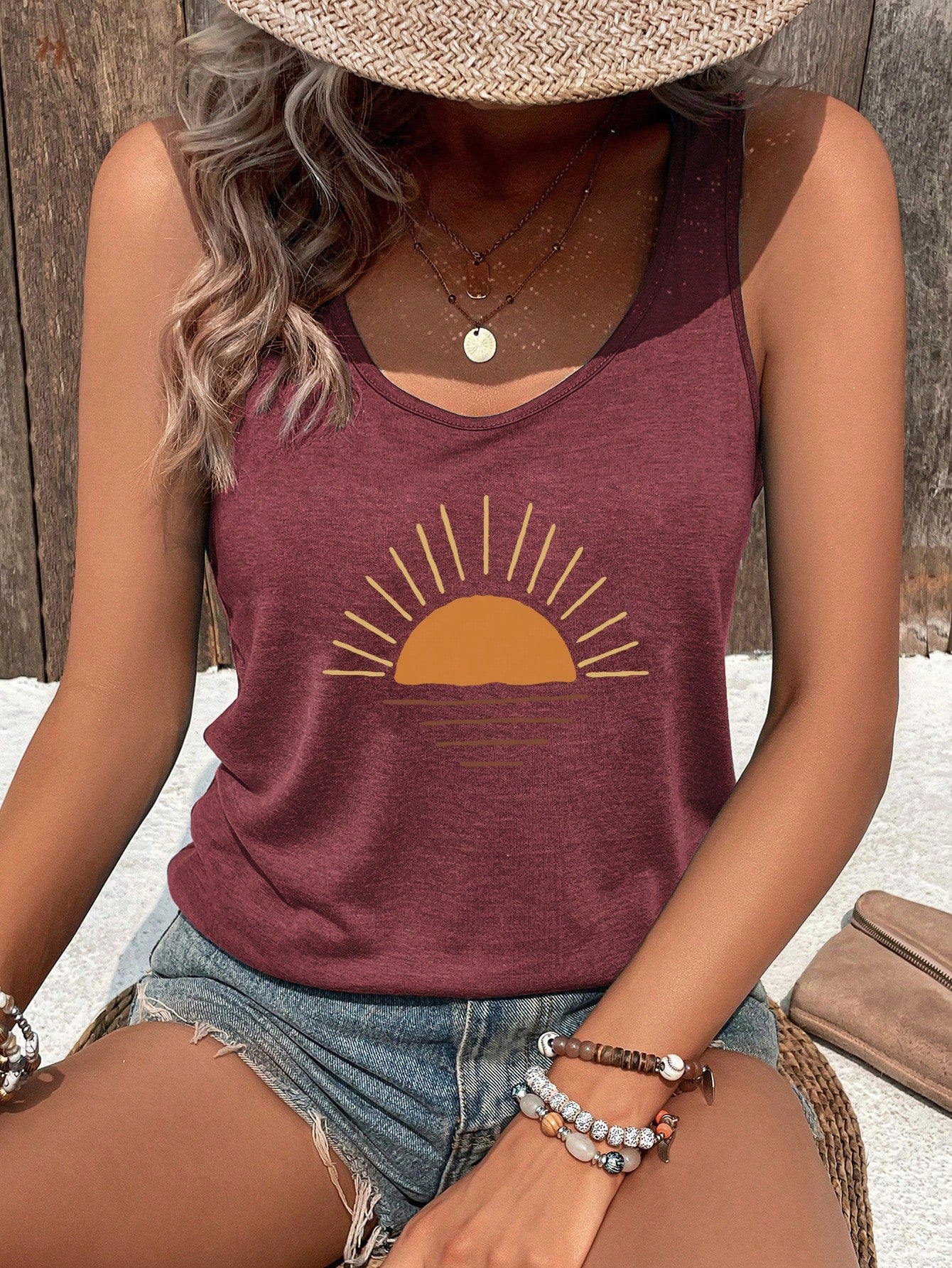 Women's Summer Sunset Printed Casual Tank Top With Round Neck