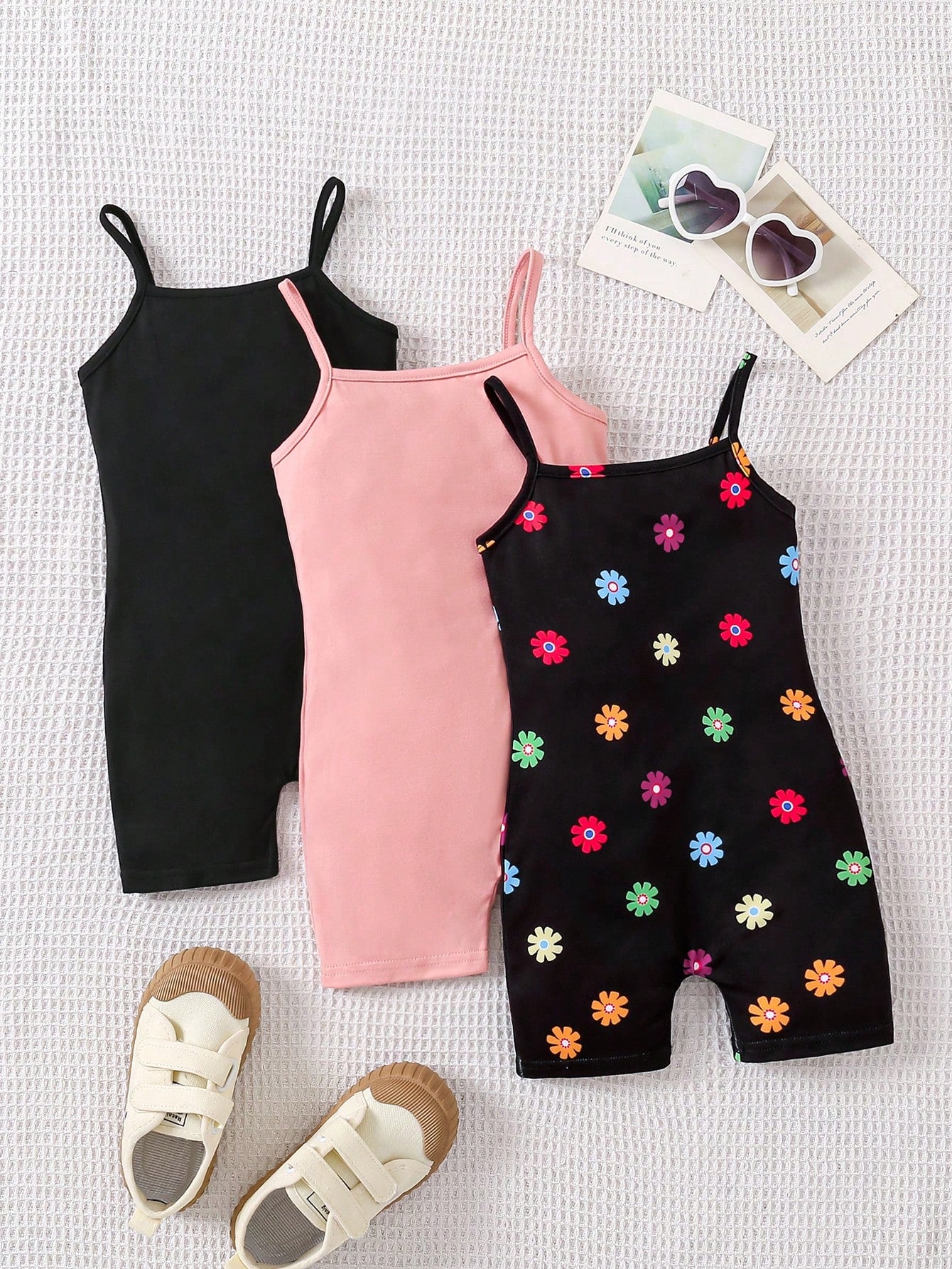 Young Girl Knitted Solid Color Cami Romper With Colorful Flower Pattern Knitted, 3pcs/Set