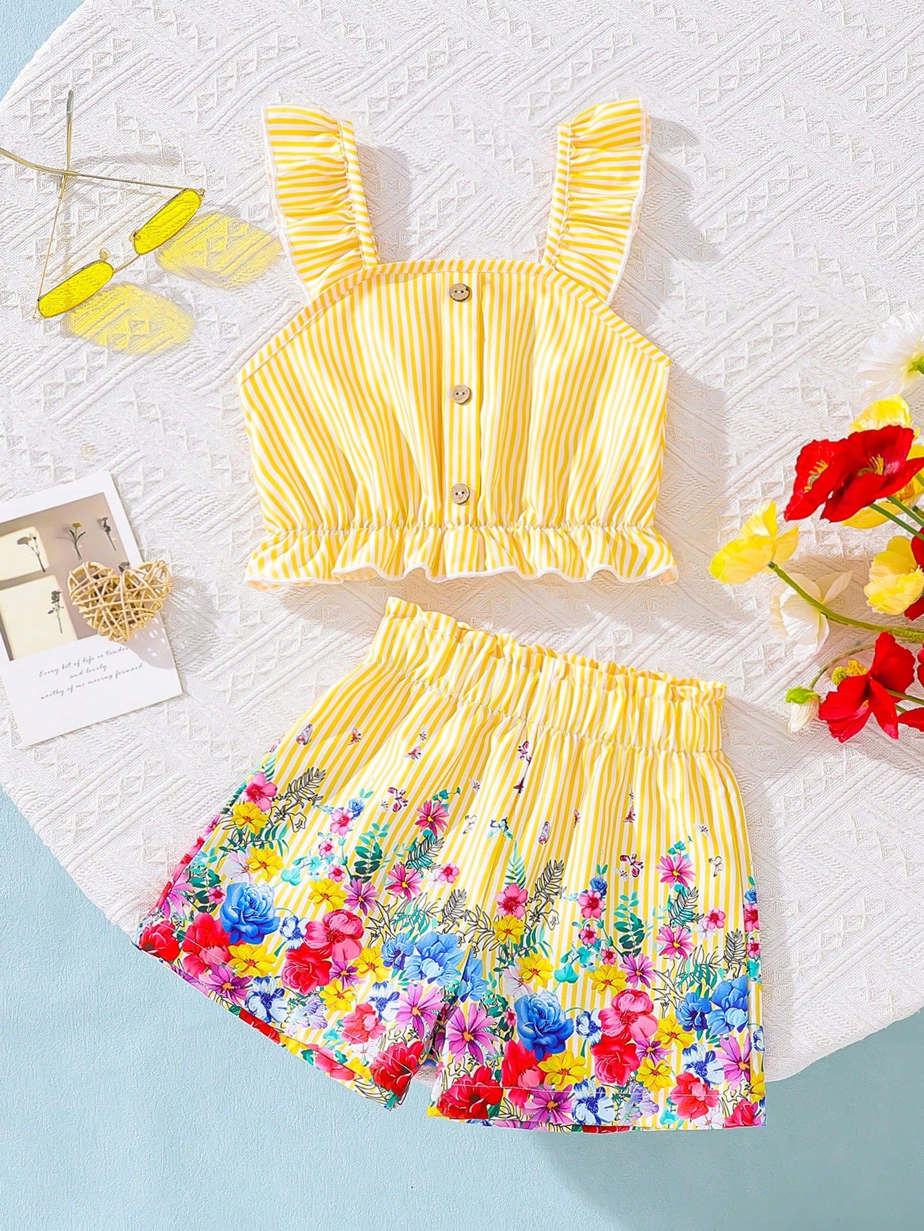 Young Girl Elegant And Flower Patterned Button Design Tank Top With Elastic Shorts Set, Suitable For Vacation And Travel In Spring And Summer