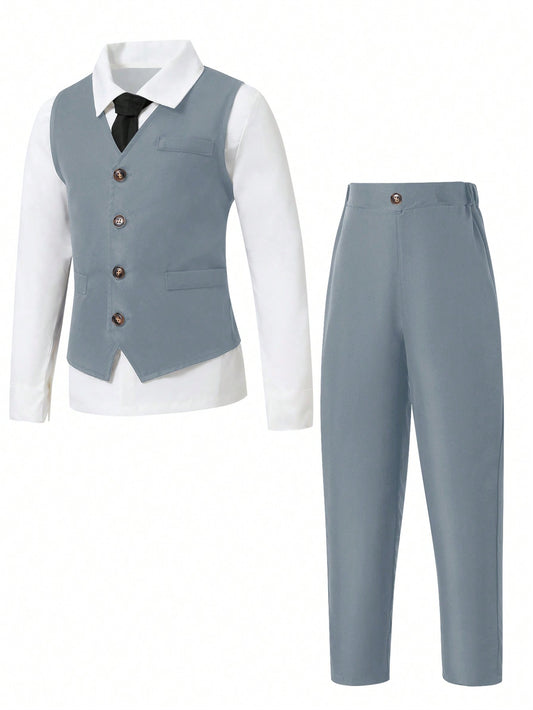 2pcs Gentleman Suit Set For Tween Boy, Front Button Vest + Long Pants, Without Shirt Or Accessories, For Formal Events Such As Birthday Parties, Evening Parties, Performances, Weddings, Baptisms, And First Birthdays