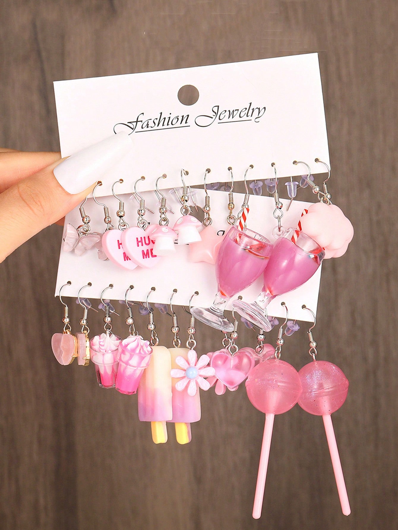 12pairs -Friendly Pink Mushroom, Ice Cream, Flower, Lollipop And Heart Shaped Earrings Set