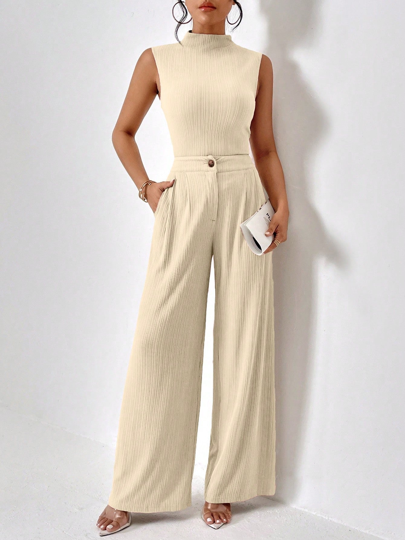 Women's Stand Collar Vest And Wide Leg Pants Set