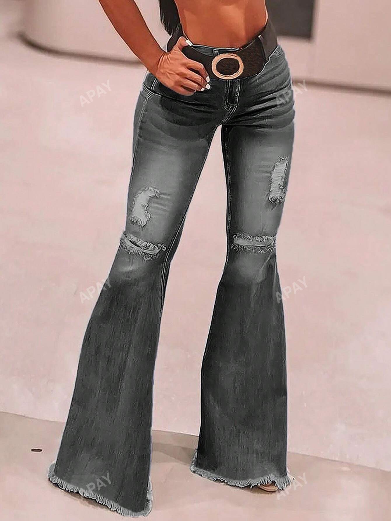 Ripped Raw Hem Flare Leg Jeans Without Belt