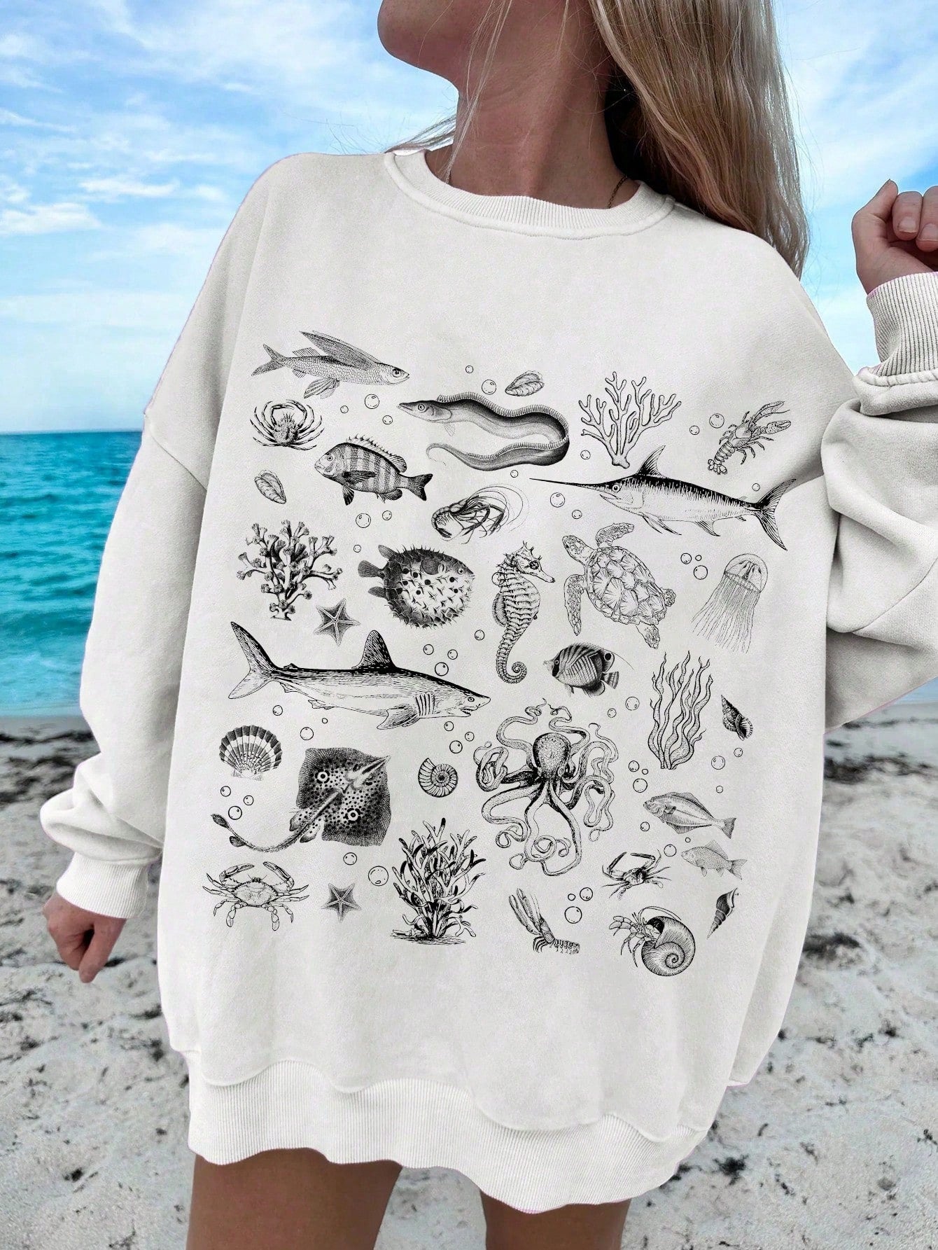 Women Casual Minimalist Printed Round Neck Loose Long Sleeve Beach Pattern Sweatshirt For SpringSummer