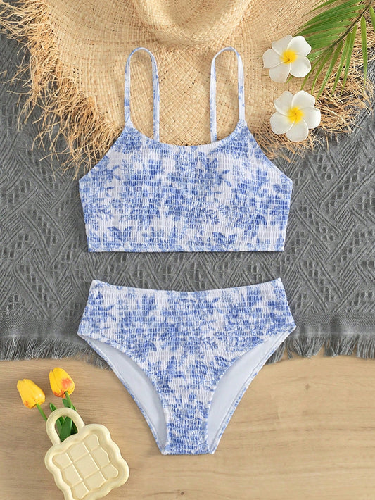 Teen Girl's Summer Beach Flower Print Shirred Bikini Set