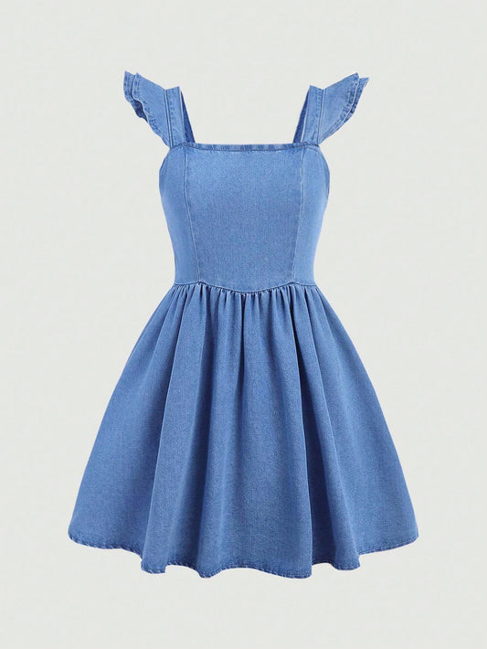 Teen Girls'  Cut-Out Back Denim Dress With Detachable Bow And Square Neckline