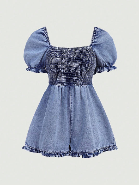 Teen Girl's Flounce Short Sleeve Square Neck Denim Romper For Vacation