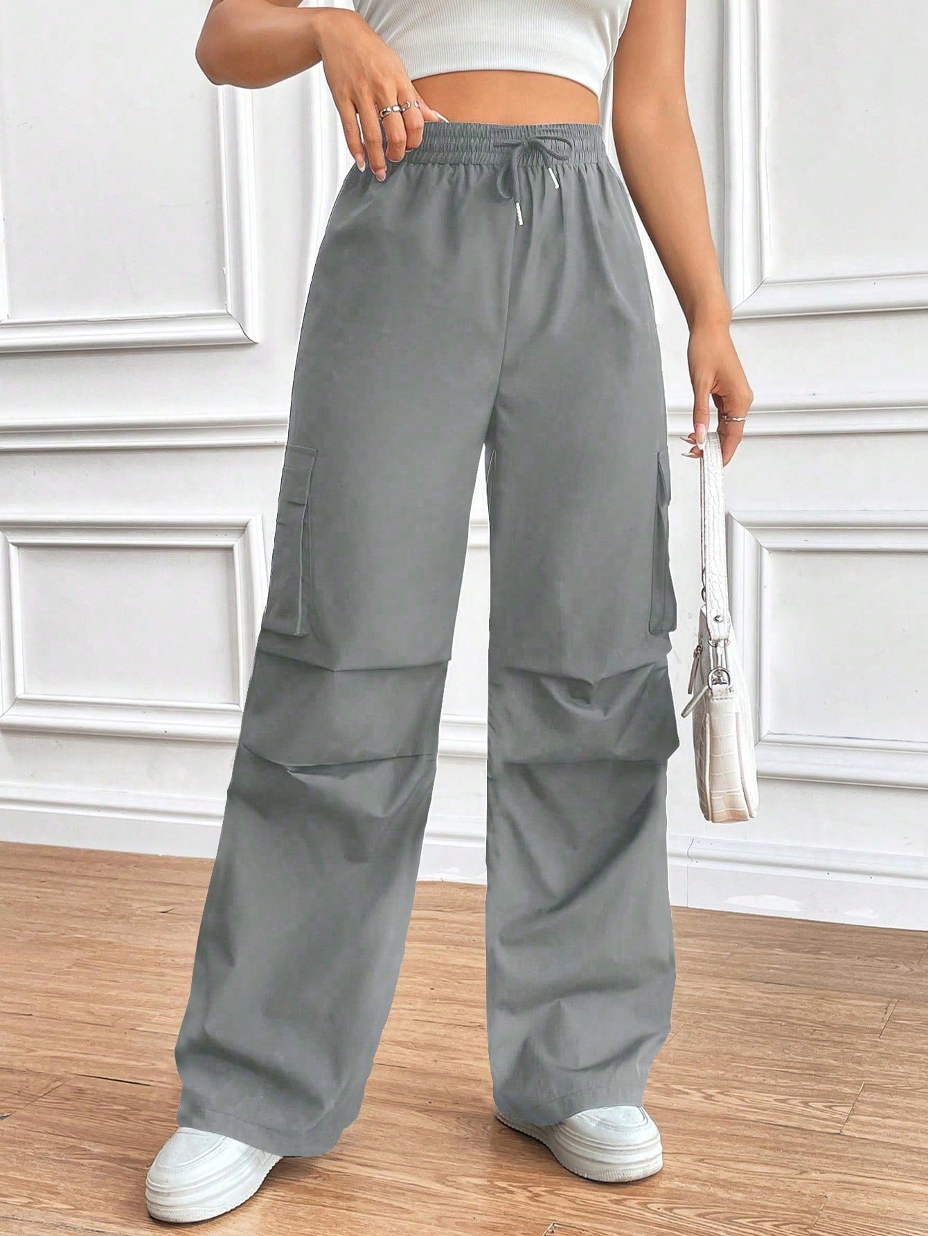 Women'S Drawstring Wrinkle Design Cargo Pants