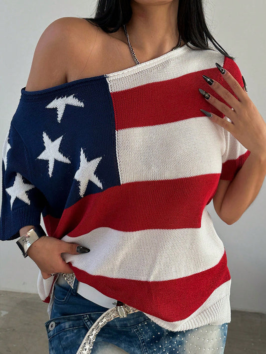 Plus Size Spring/Summer Fashionable Color-Block Asymmetrical Collar American Flag Pattern Batwing Sleeve Knitted Top