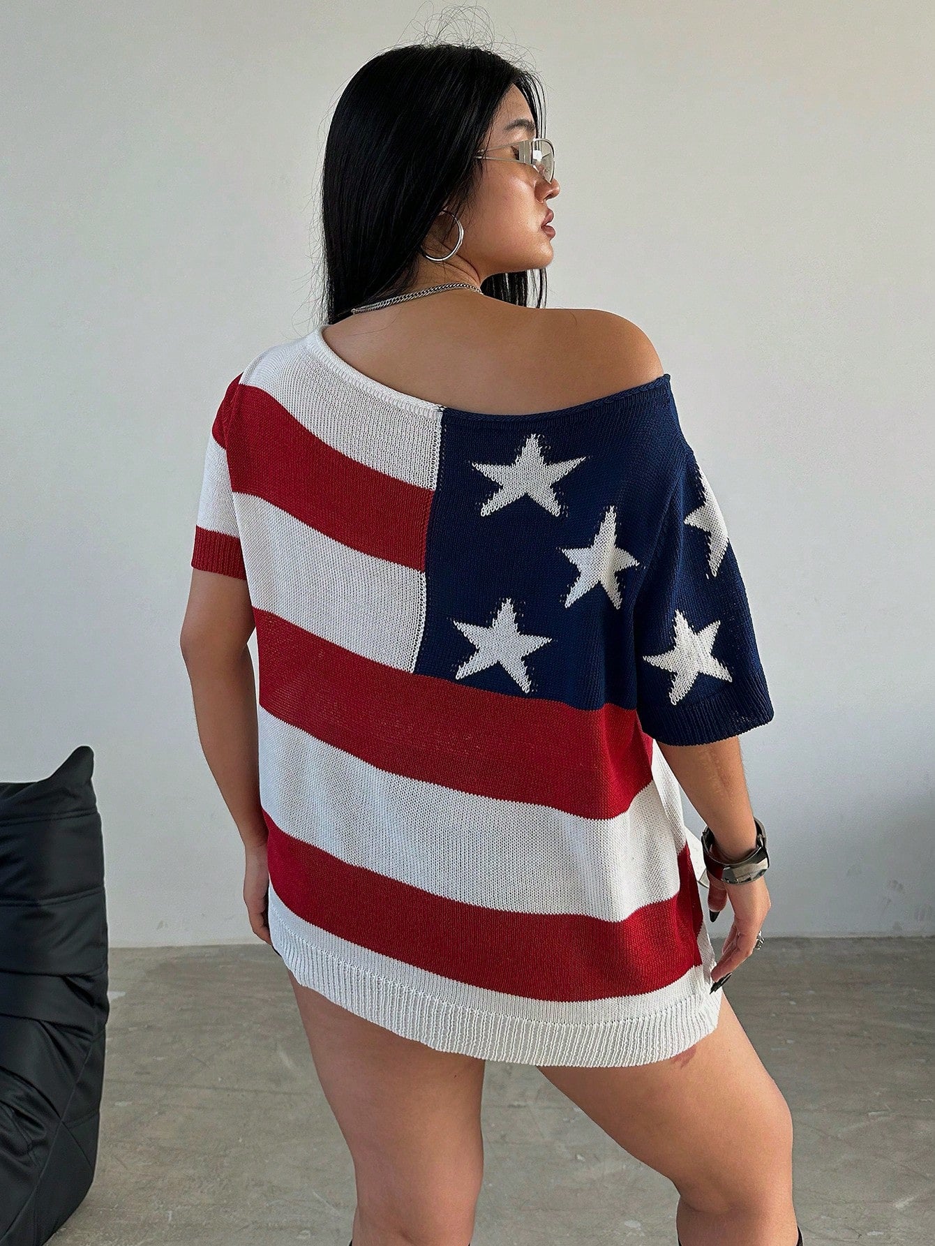 Plus Size Spring/Summer Fashionable Color-Block Asymmetrical Collar American Flag Pattern Batwing Sleeve Knitted Top