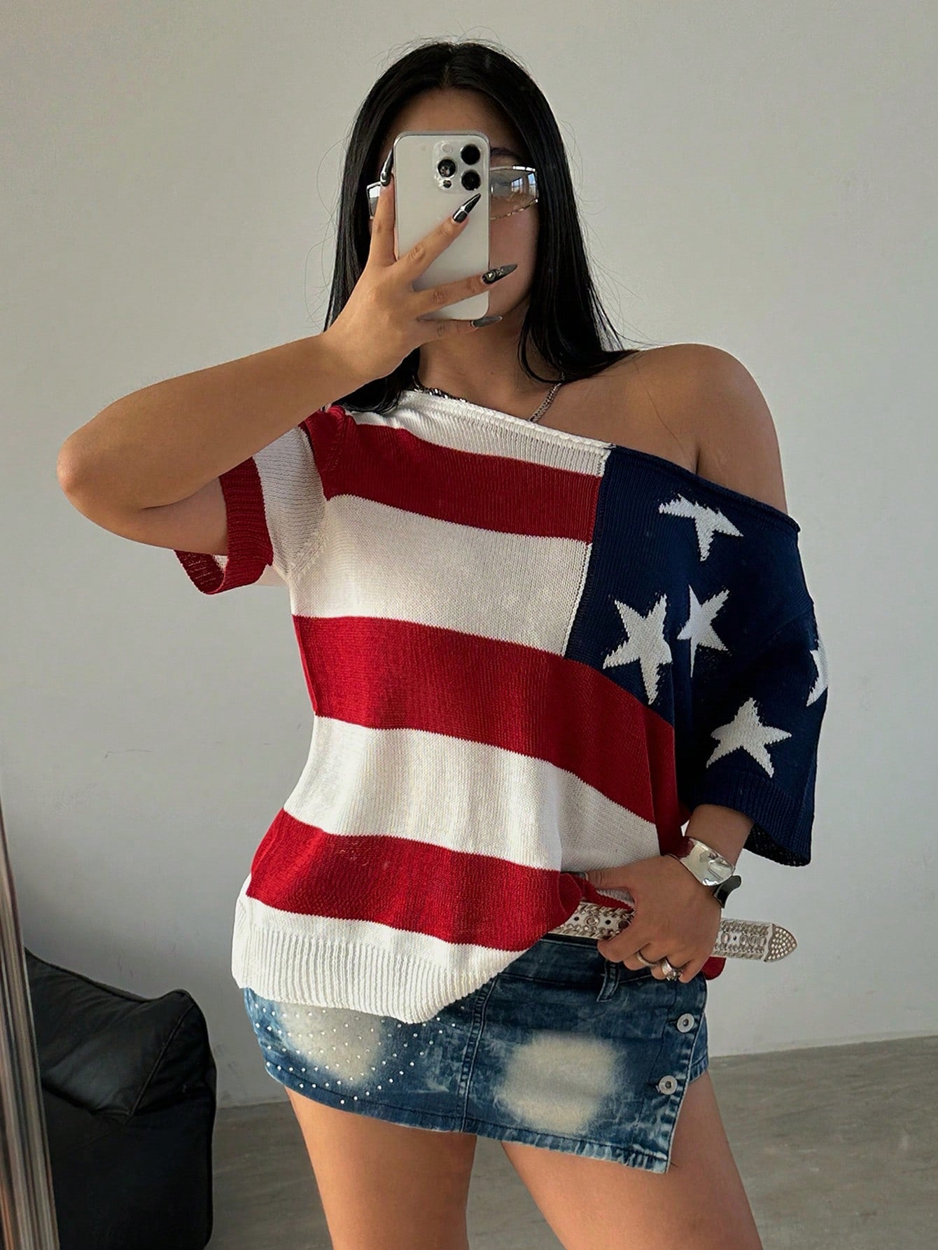 Plus Size Spring/Summer Fashionable Color-Block Asymmetrical Collar American Flag Pattern Batwing Sleeve Knitted Top