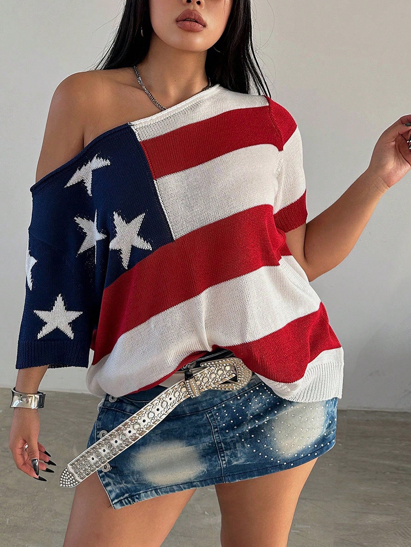 Plus Size Spring/Summer Fashionable Color-Block Asymmetrical Collar American Flag Pattern Batwing Sleeve Knitted Top