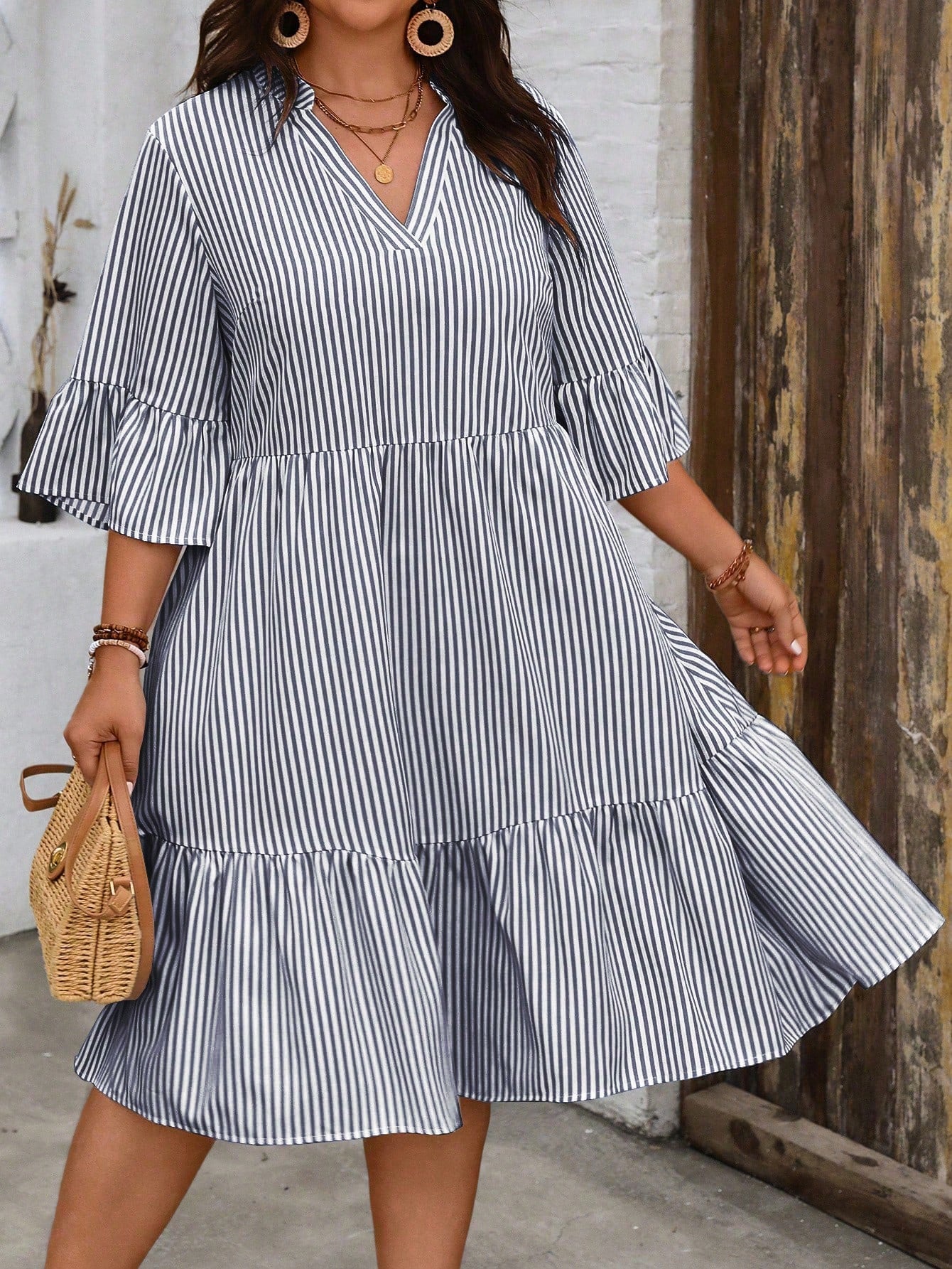 Plus Size Striped Printed Dress With Notched Neckline And Ruffled Hemline For Summer