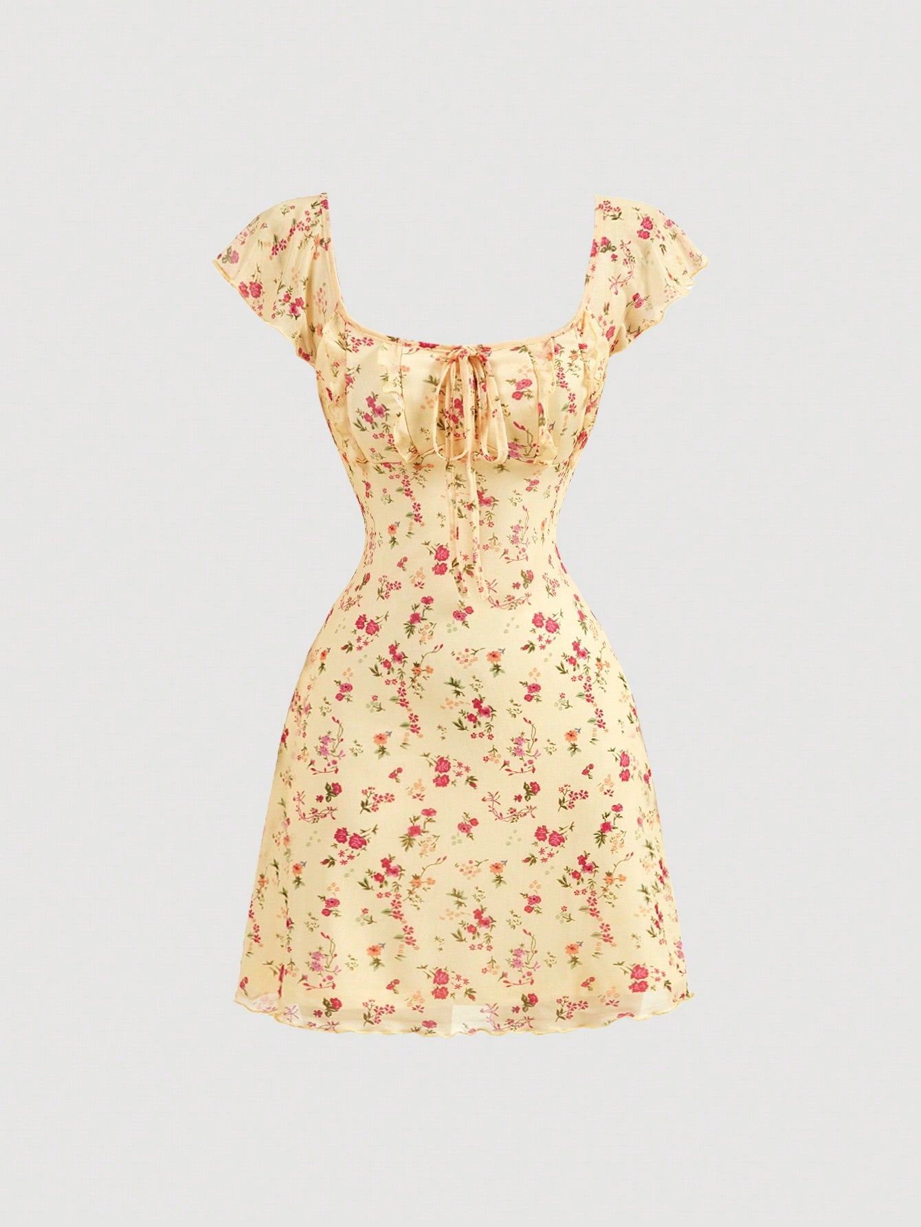 Women Summer Floral Print Ruched Bust Pleated Dress