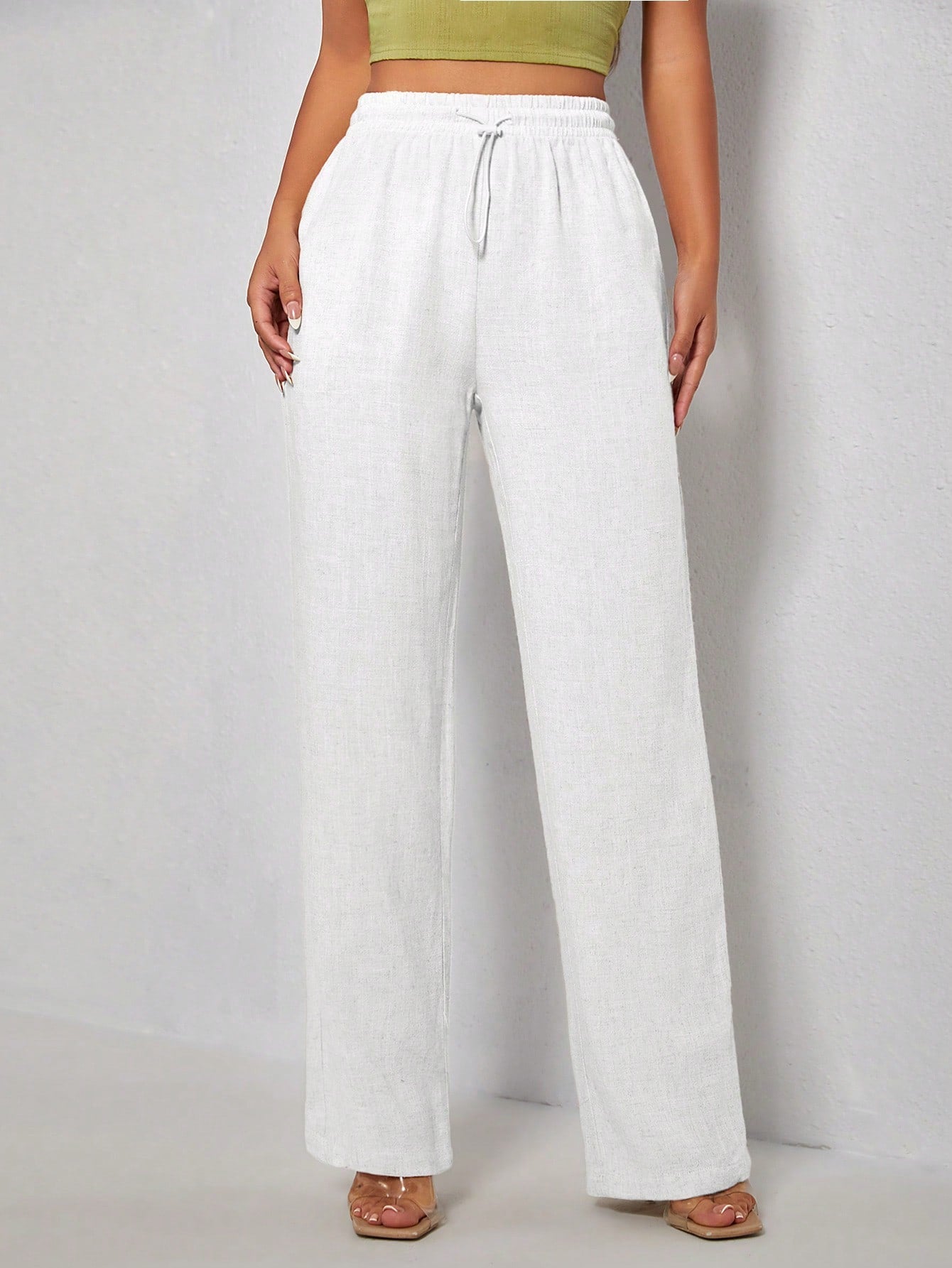 PETITE Ladies' Drawstring Waist Straight-Legged Long Pants, Casual Solid Color