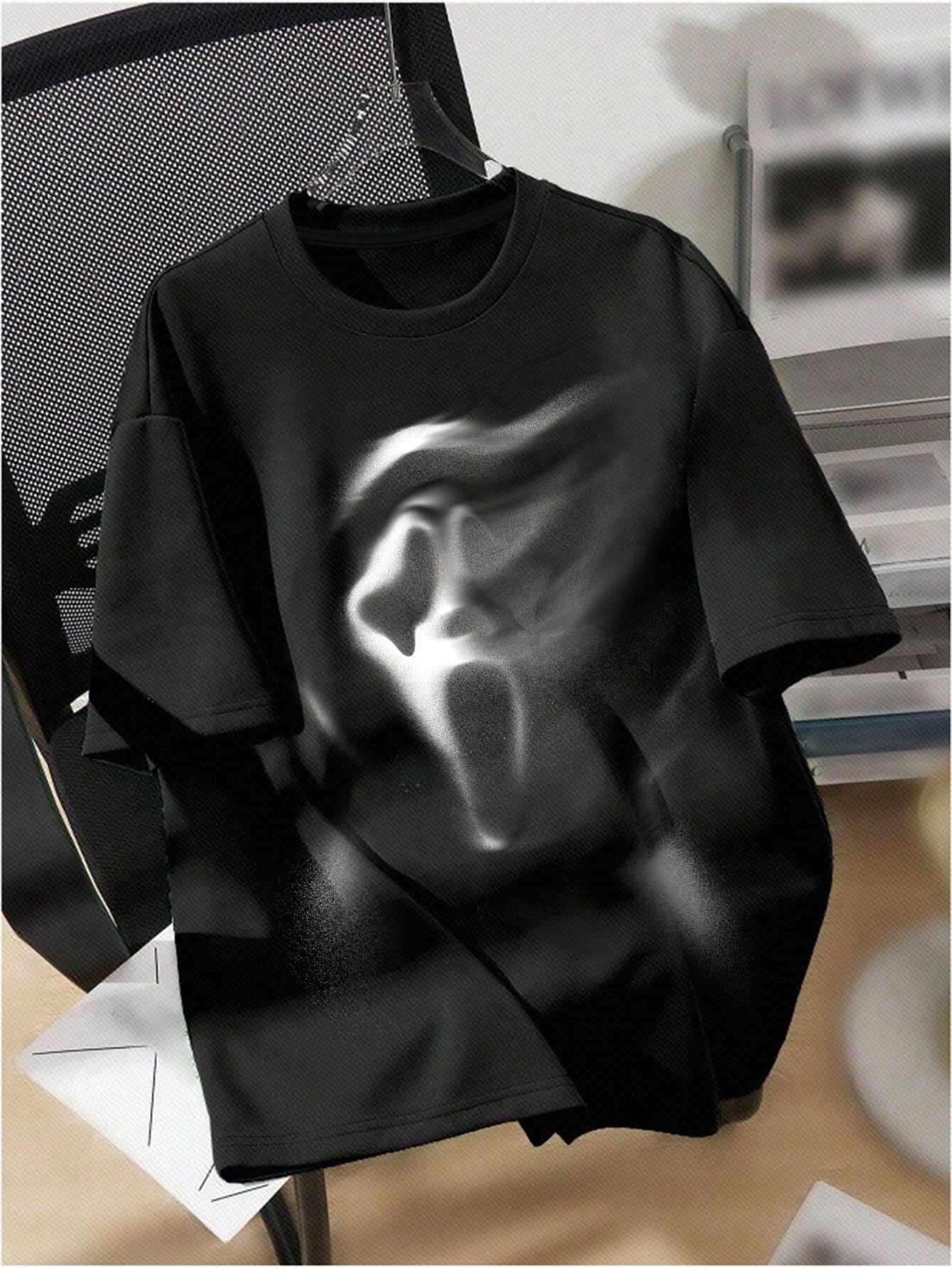 Plus Size Halloween Acid Washed Look Vintage Knitted Distressed Loose Fit Knit Screaming Skull Ghostface Pattern Cartoon Pattern Short Sleeve T-Shirt